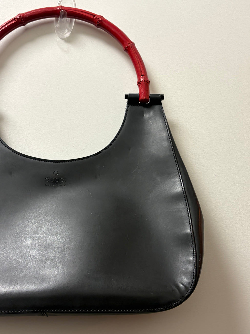 Gucci Bamboo Handle Shoulder Bag Black Leather & Red Bamboo