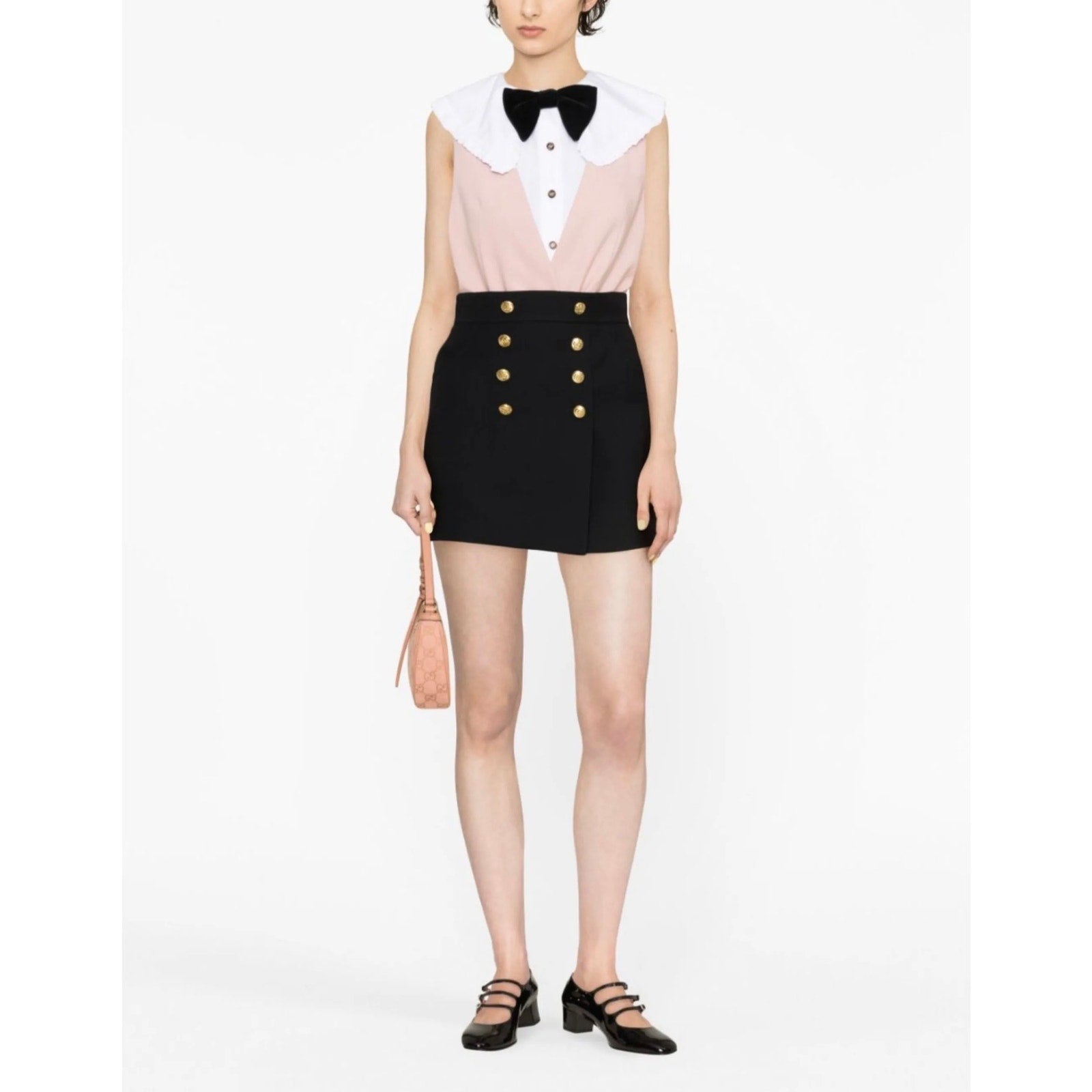 Gucci Black Crepe Button Skirt IT 36 NWT Gold Button Wool Silk Mini
