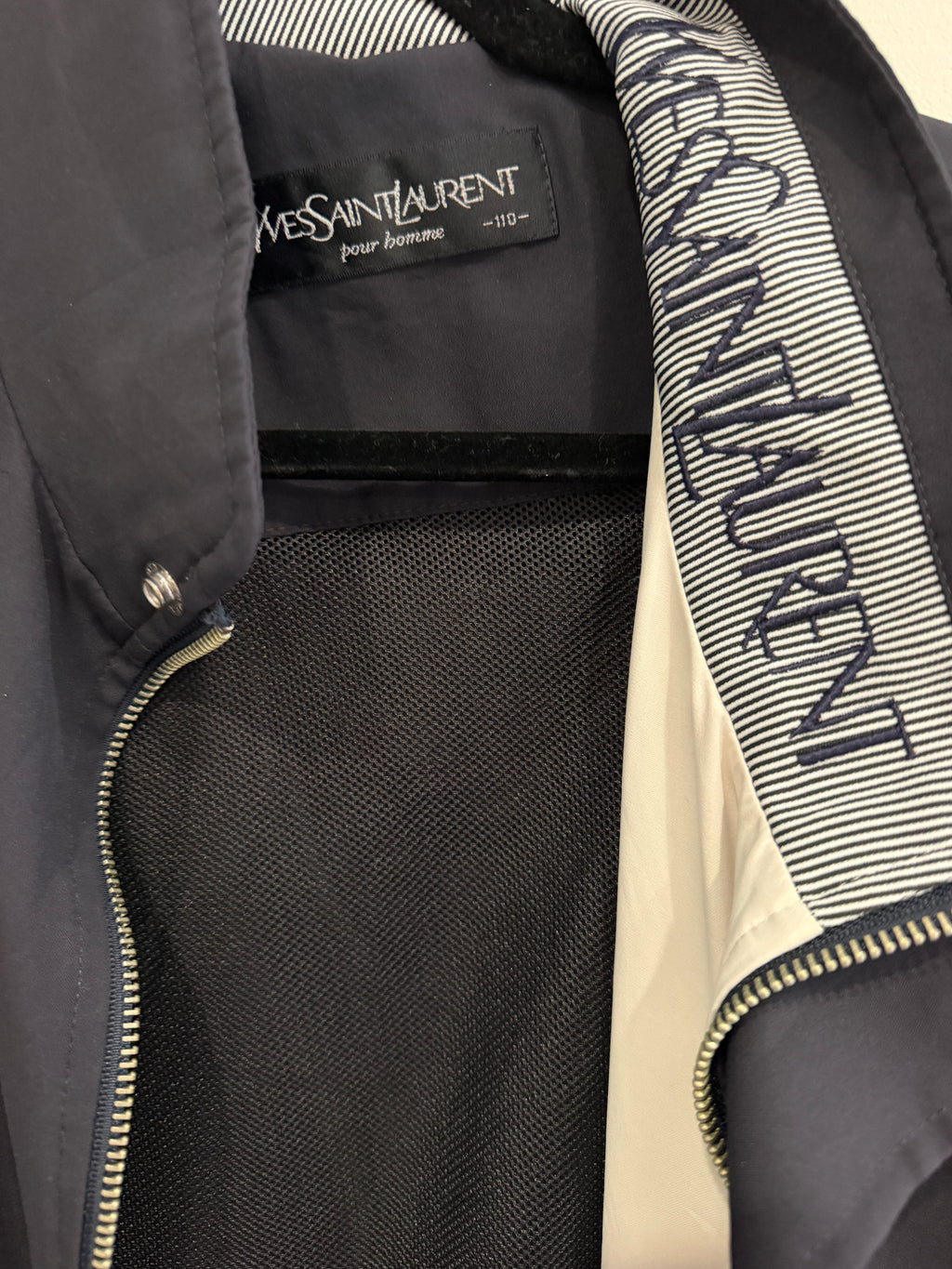 Yves Saint Laurent Vintage YSL Navy Windbreaker Bomber Jacket Logo Neckline Size 110