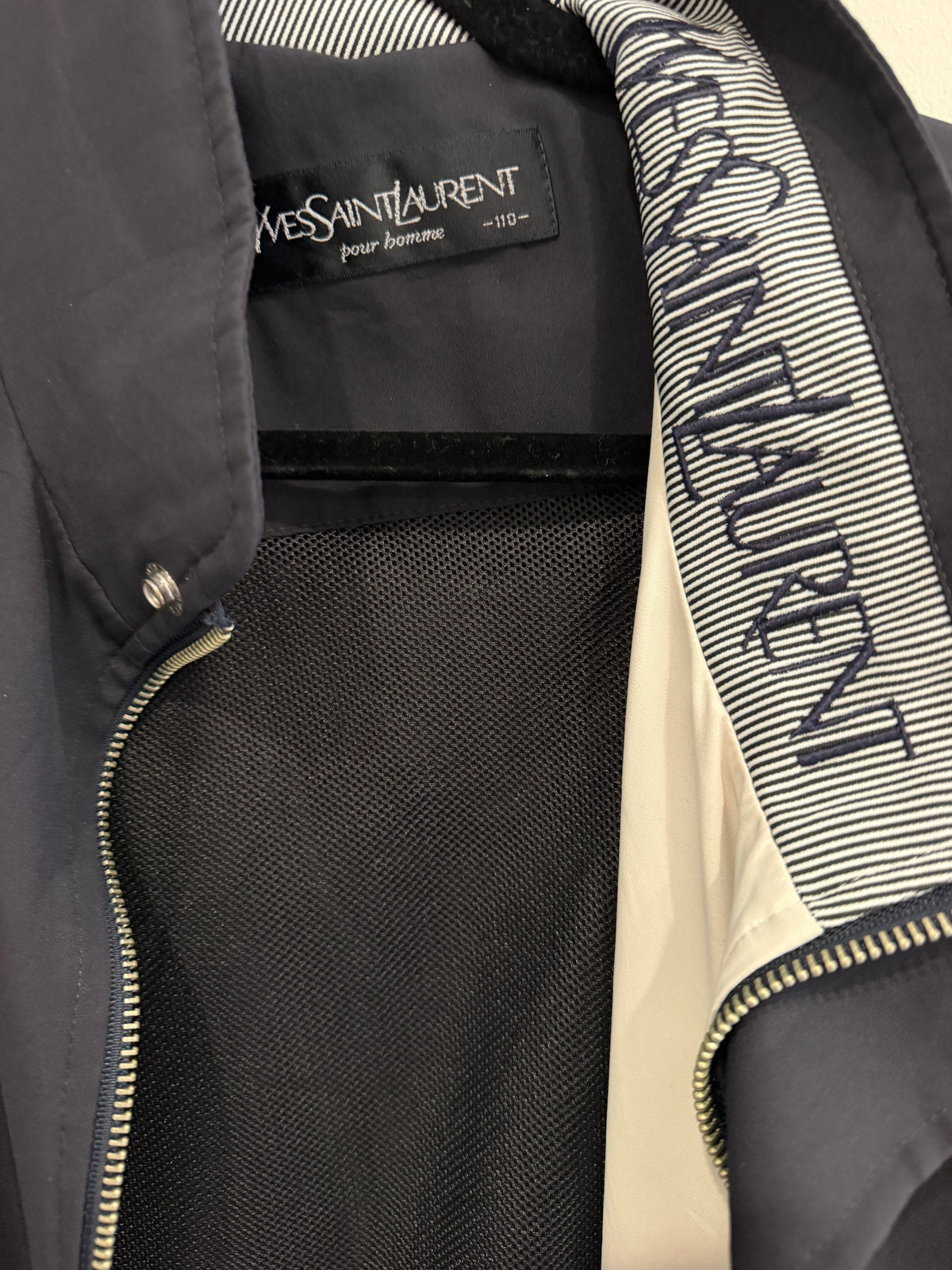 Yves Saint Laurent Vintage YSL Navy Windbreaker Bomber Jacket Logo Neckline Size 110