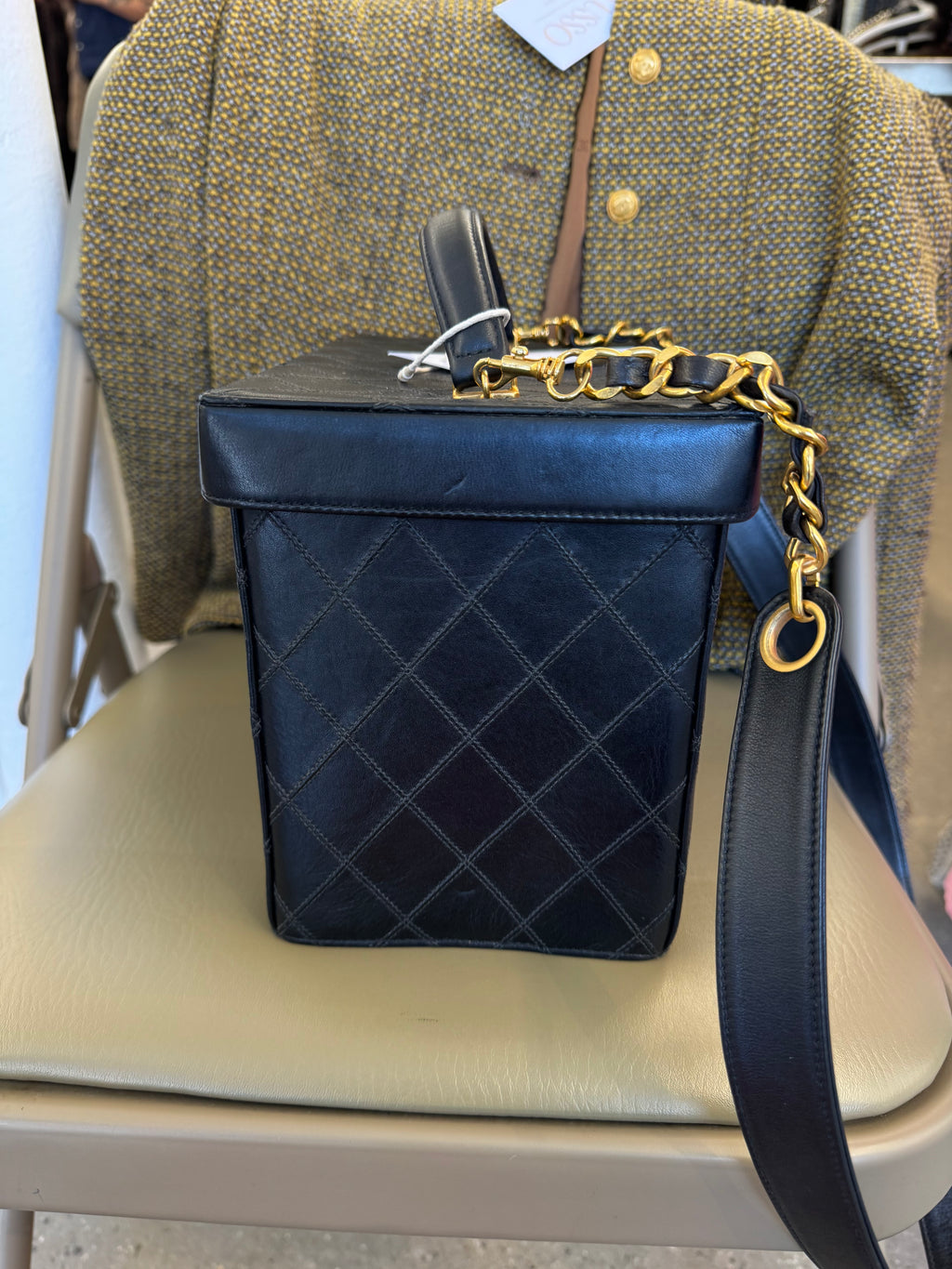 Chanel 90’s Black Lambskin Square Camera Vanity Bag with Strap