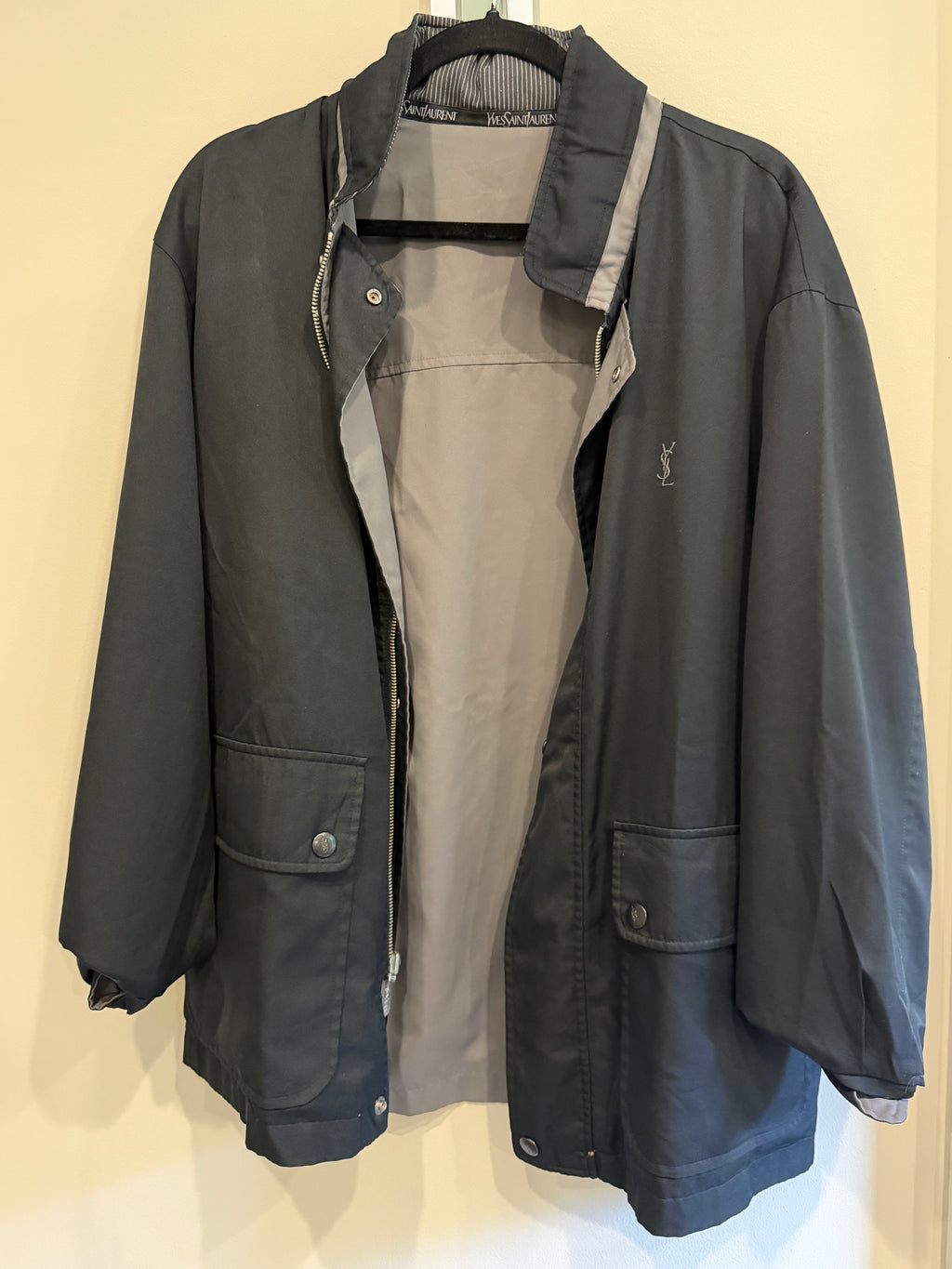 Yves Saint Laurent YSL Vintage Reversible Gray Black Bomber Windbreaker Jacket