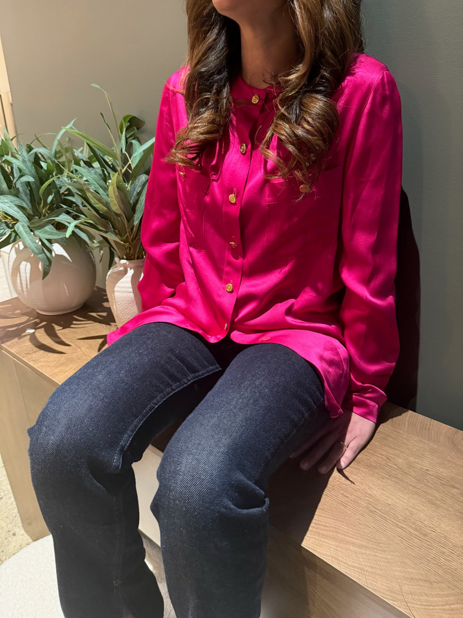 Chanel 1991 Pink Silk Button-Up Blouse Gold CC Logo Buttons FR36