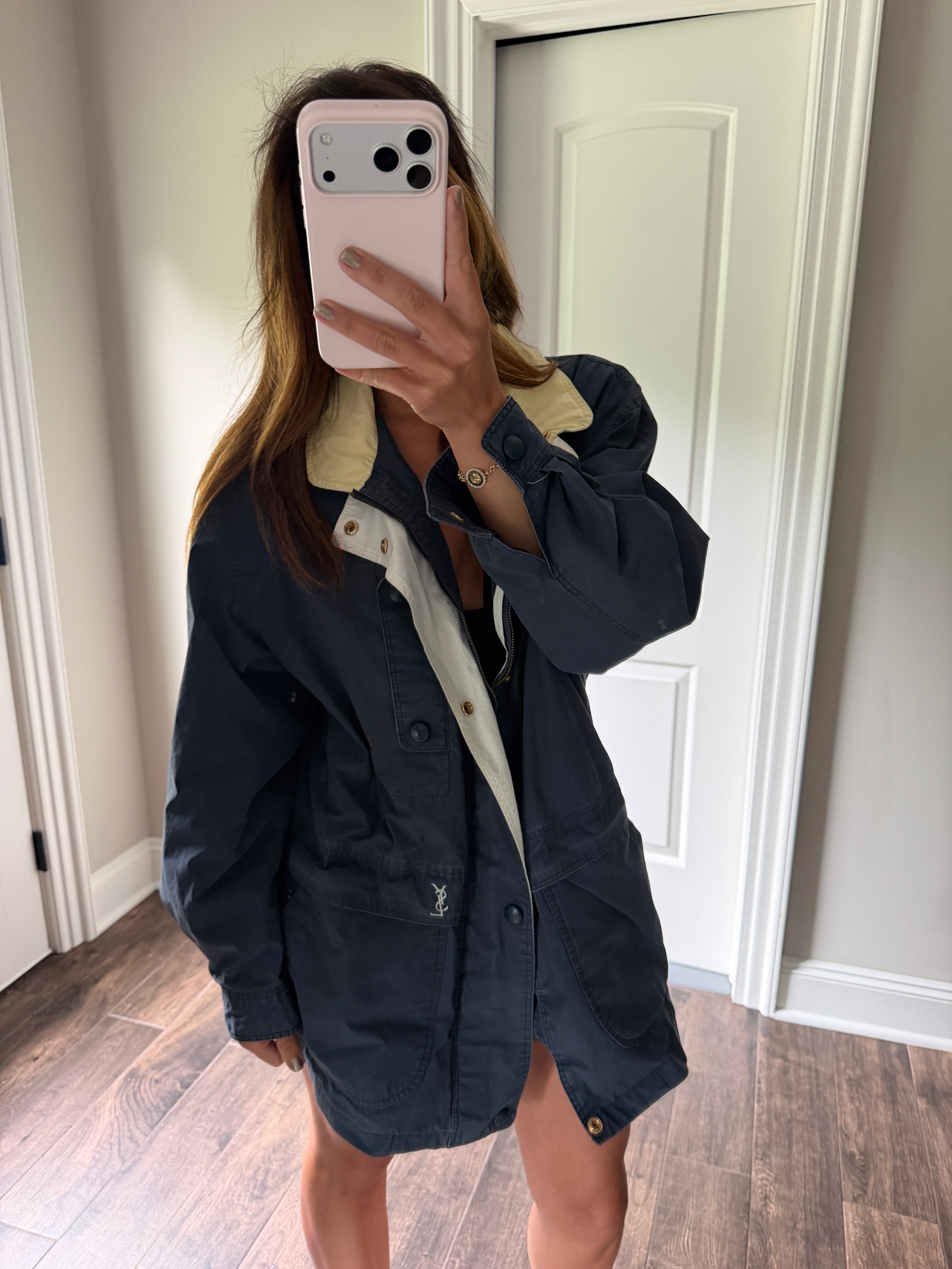 Yves Saint Laurent Vintage 90s Chino Blue YSL Logo Utility Windbreaker Jacket Gold Hardware Size 100 Oversized