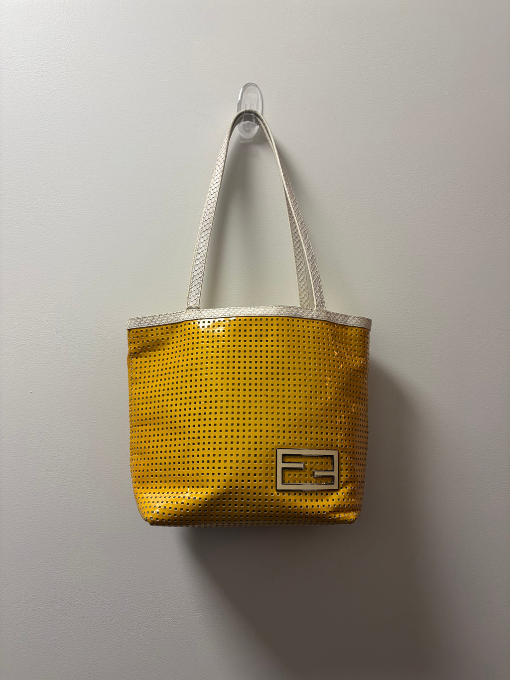 Fendi Yellow Perforated Metallic Leather Mini Tote Bag White Trim FF Logo