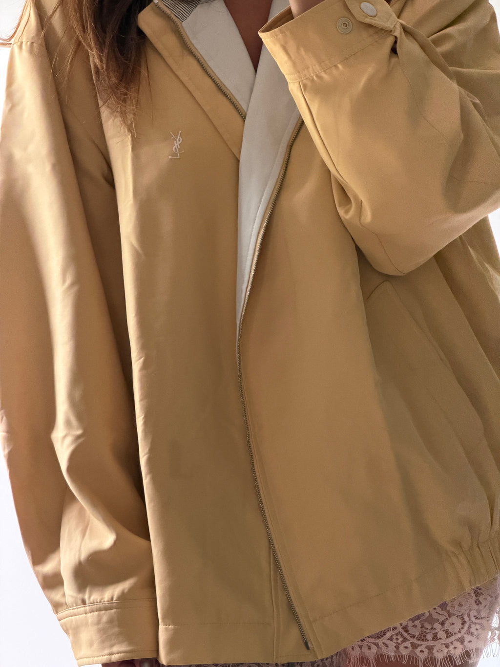 Yves Saint Laurent Vintage 90s Yellow YSL Logo Windbreaker Jacket White Logo Size 110 Oversized