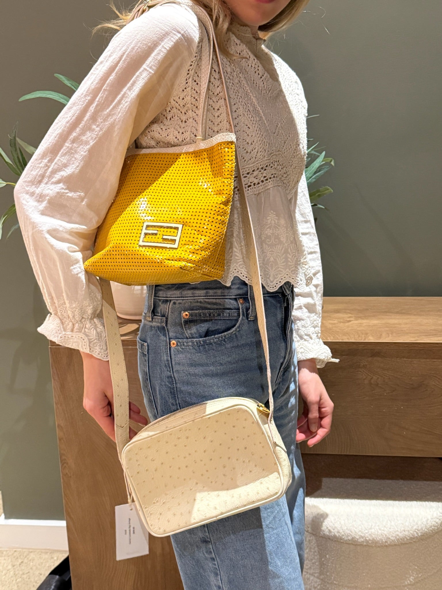 Fendi Yellow Perforated Metallic Leather Mini Tote Bag White Trim FF Logo