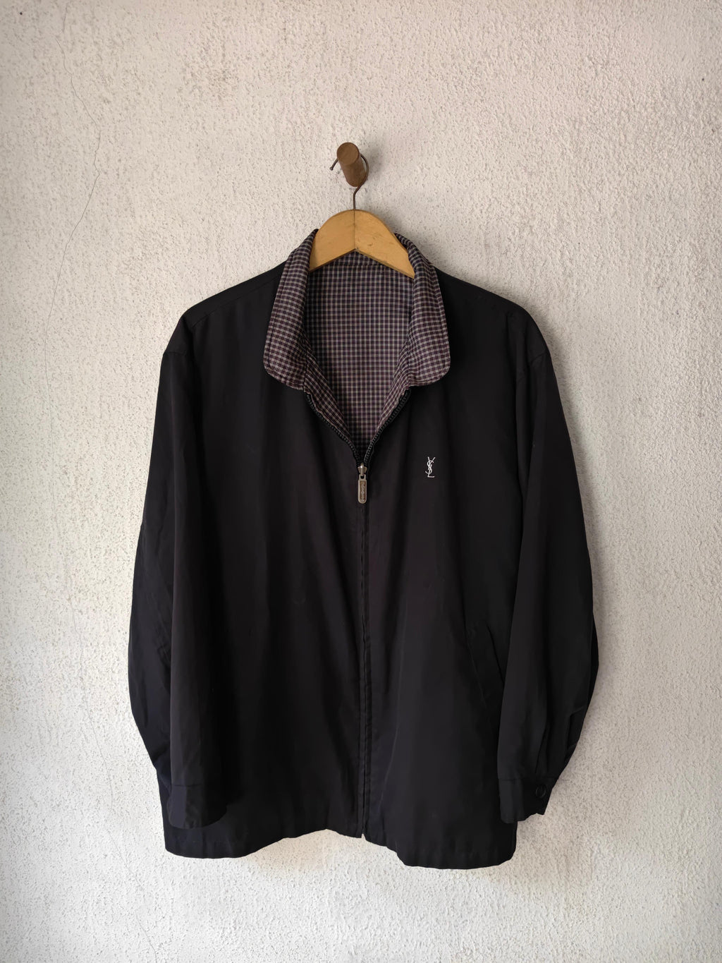 Yves Saint Laurent Vintage YSL Reversible Black Checkered Windbreaker Bomber Jacket Size 100