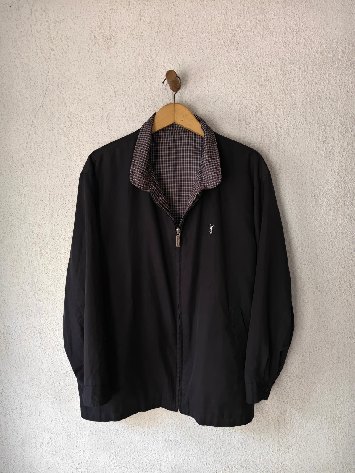 Yves Saint Laurent Vintage YSL Reversible Black Checkered Windbreaker Bomber Jacket Size 100