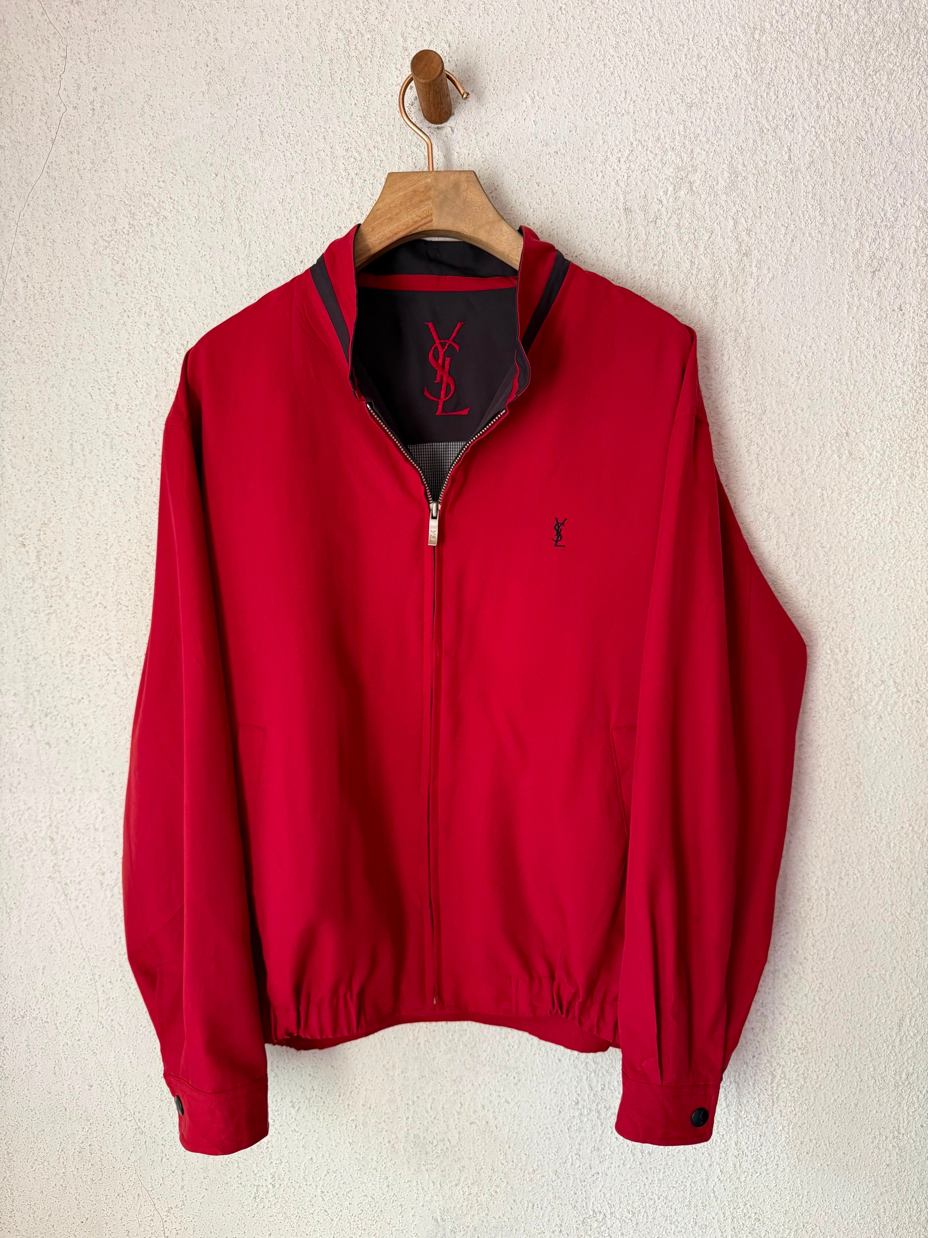 Yves Saint Laurent Vintage 90s Red YSL Logo Windbreaker Jacket Navy Logo Size 110 Oversized