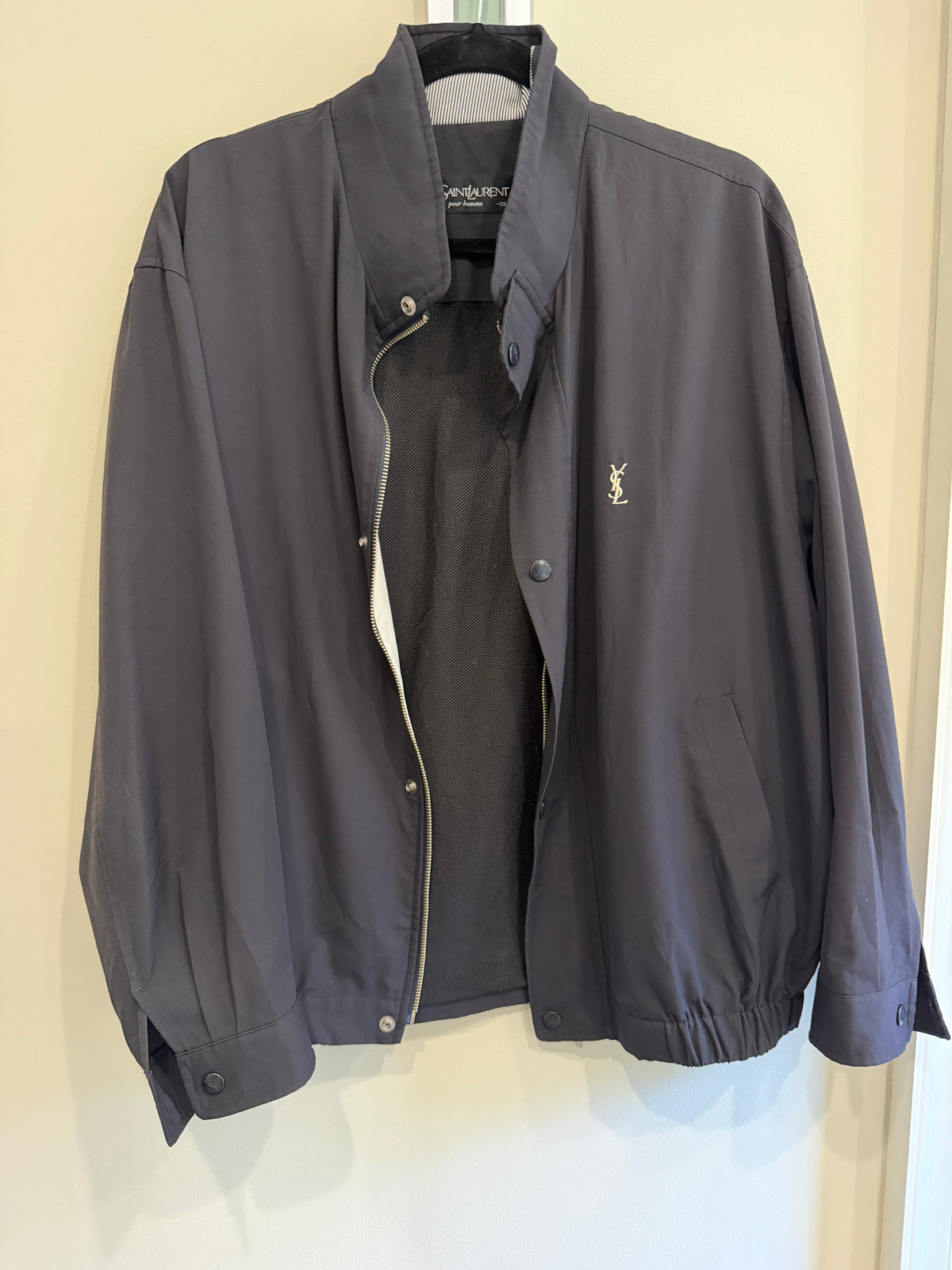 Yves Saint Laurent Vintage YSL Navy Windbreaker Bomber Jacket Logo Neckline Size 110