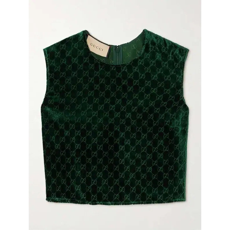 Gucci GG Velvet Devoré Crop Top Dark Green Size 36 NWT $1,100