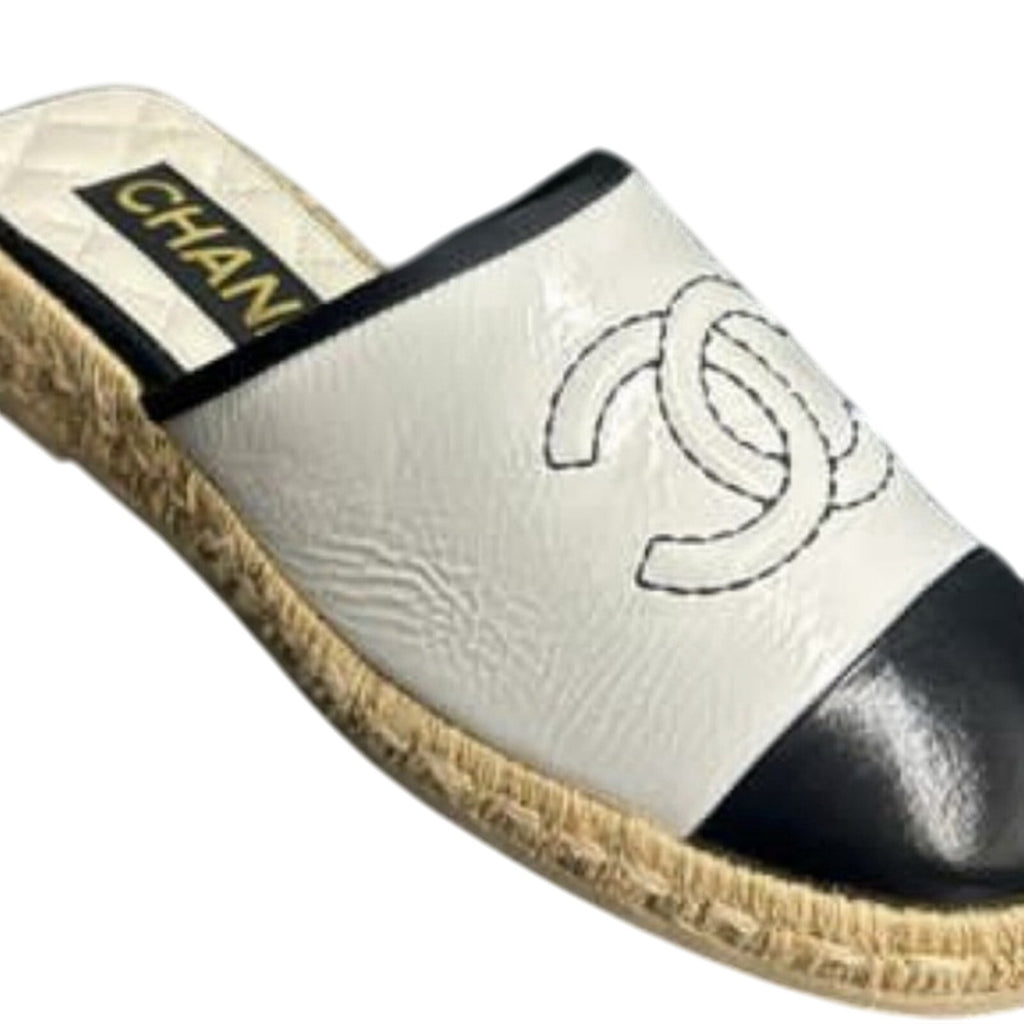 CHANEL Black Cap Toe Interlocking CC Logo White Espadrille Mules 37 BNIB