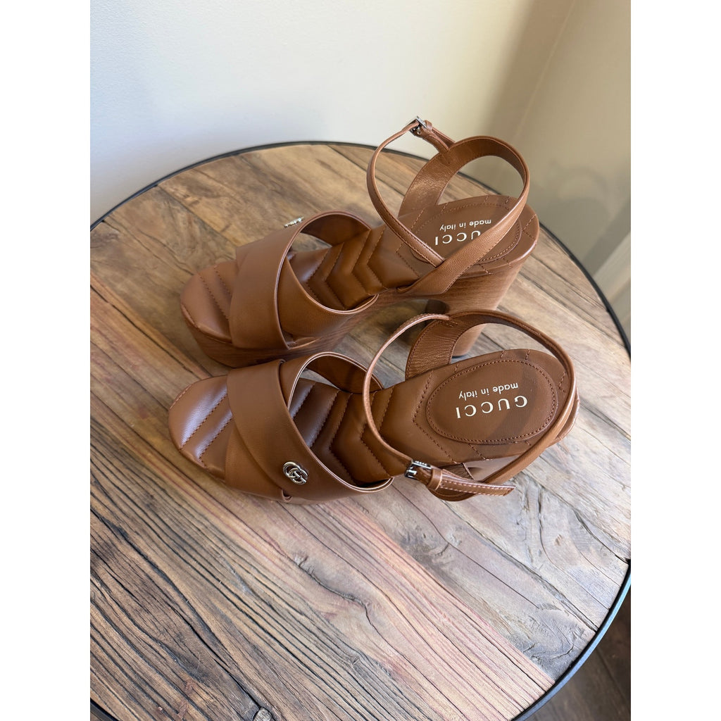 Gucci Platform Sandal Brown Leather Size 37 Brand New in Box