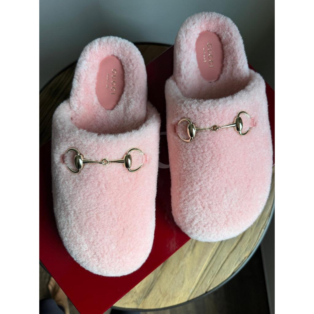 Gucci Horsebit Merino Wool Pink Mules Flat Slides Women’s Shoes Size 37