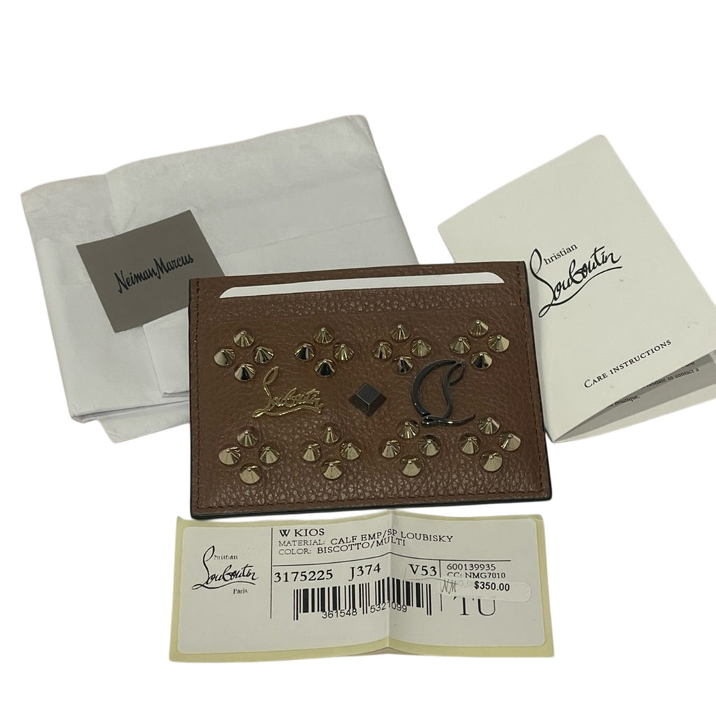 Christian Louboutin Loubisky Kios Card Case Biscotti Calfskin Leather Studs NWT