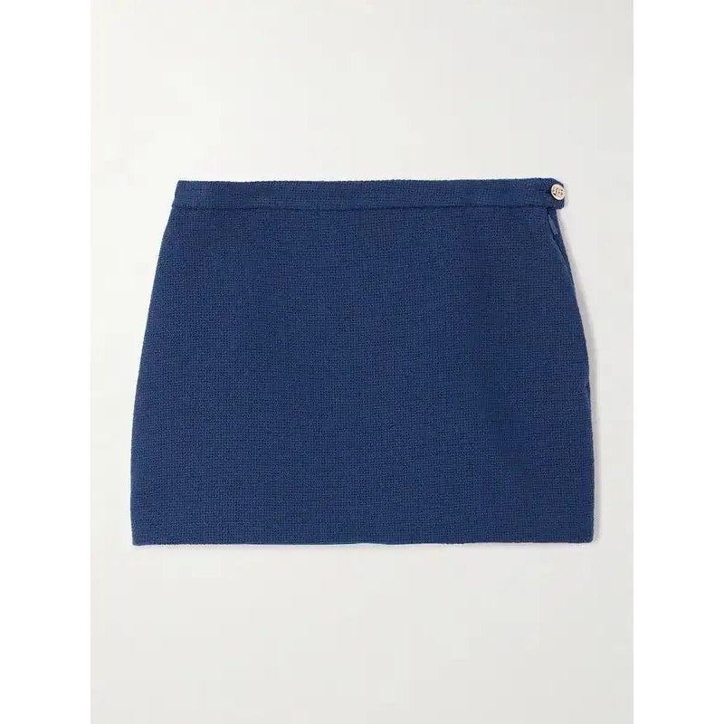 Gucci Blue Cotton Blend Tweed Mini Skirt | Gold Logo Button | IT 38