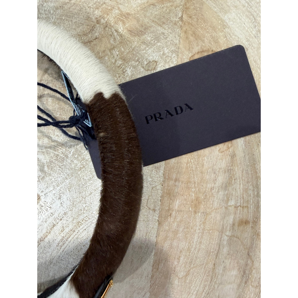 Prada Cow Print Pony Hair Headband Enamel Triangle Logo NEW