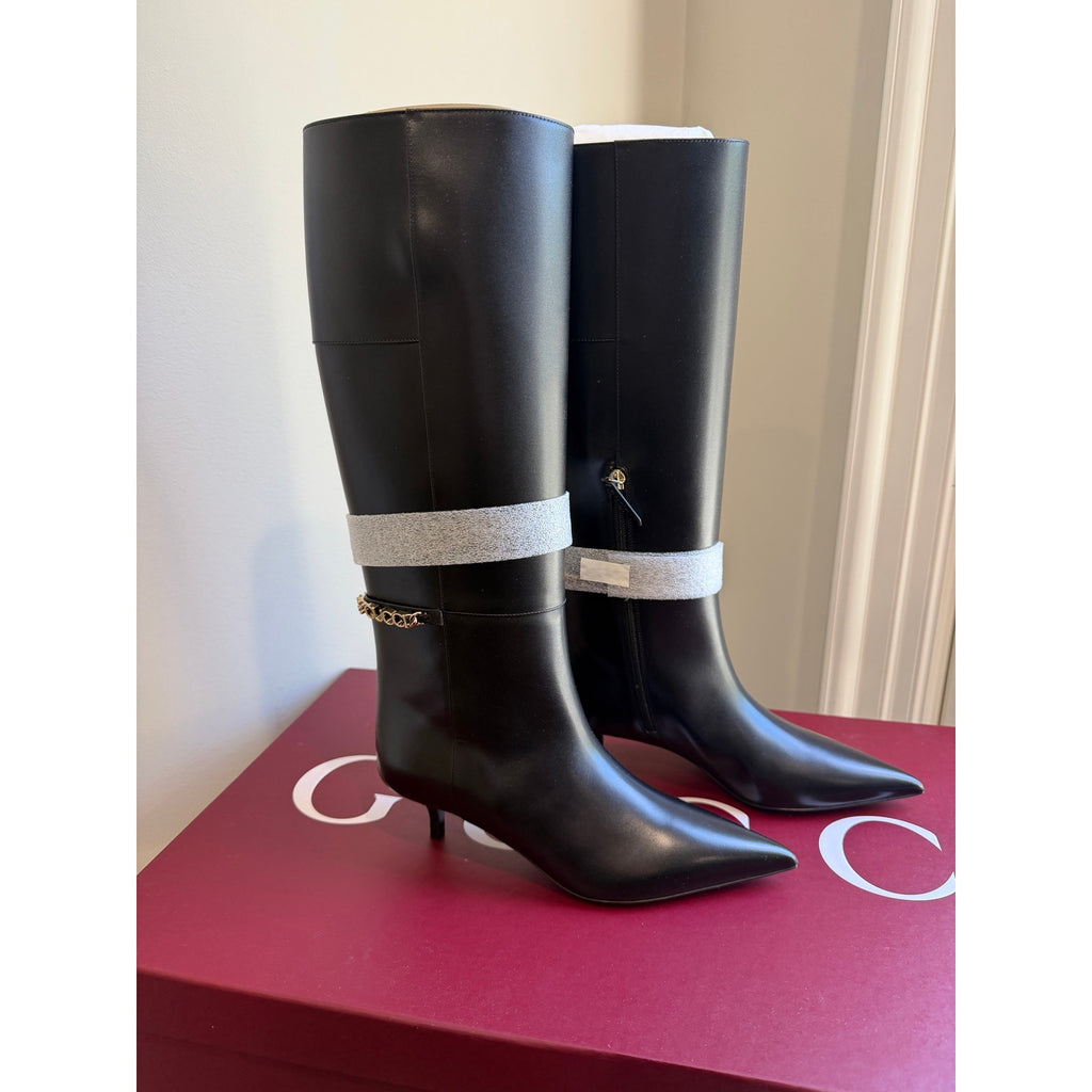 Gucci Signoria Leather Logo Chain Tall Boots 37.5 NWT