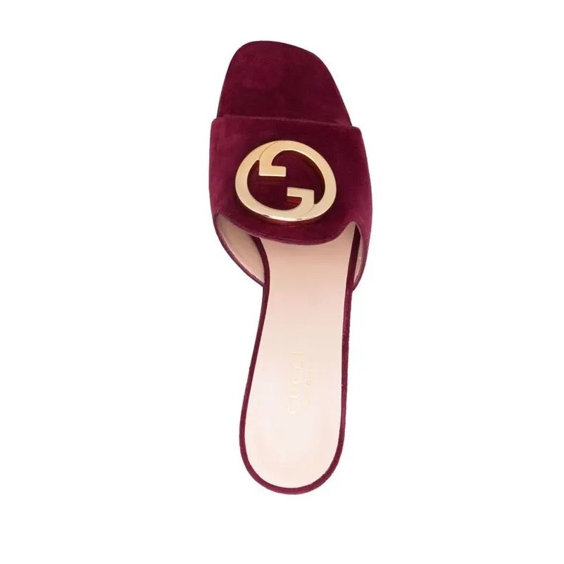 Gucci Blondie Interlocking G 70mm Burgundy Suede Sandals Size 39 New in Box