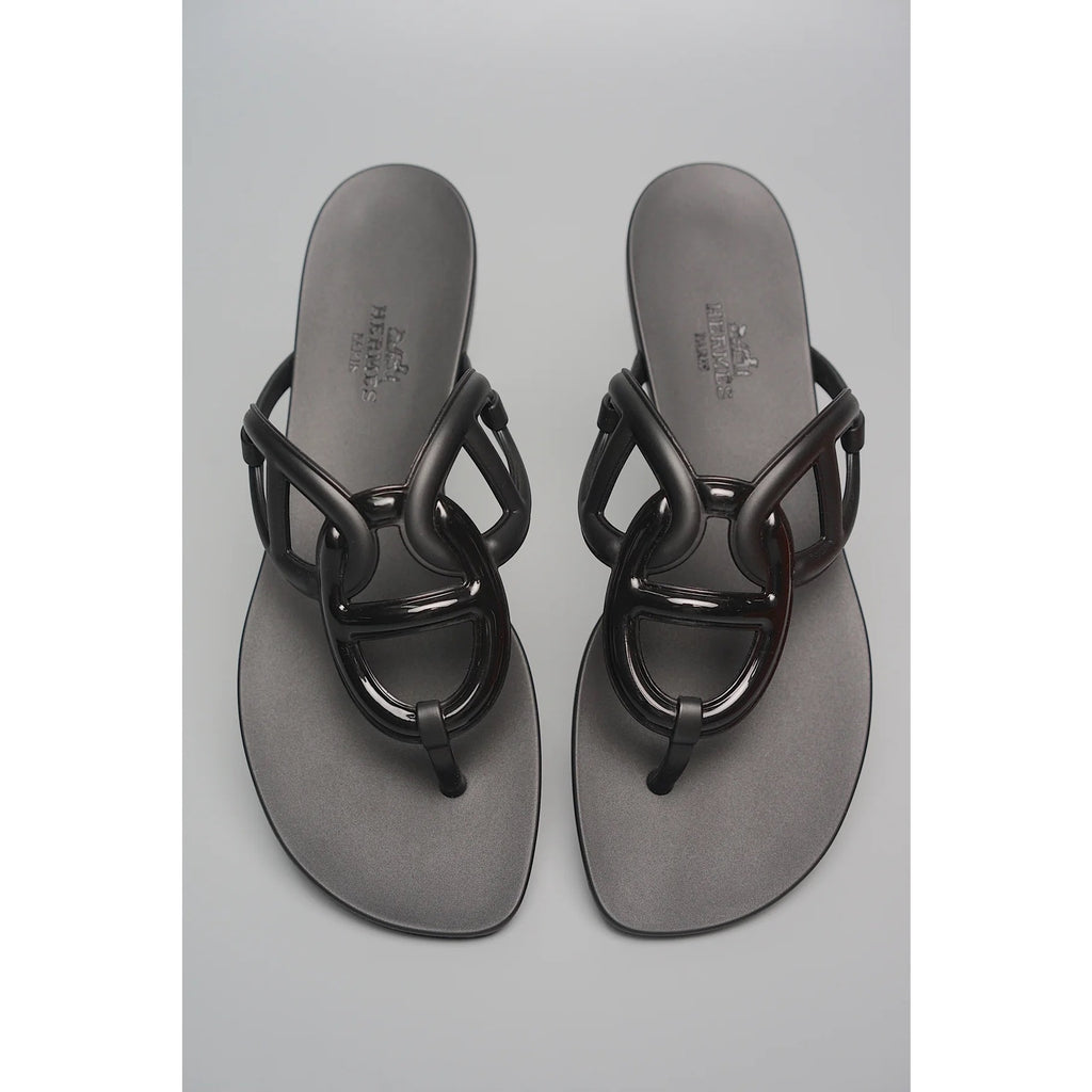 Hermès Egerie Rubber Sandals Black Size 37 New in Box Chain d’Ancre Italy