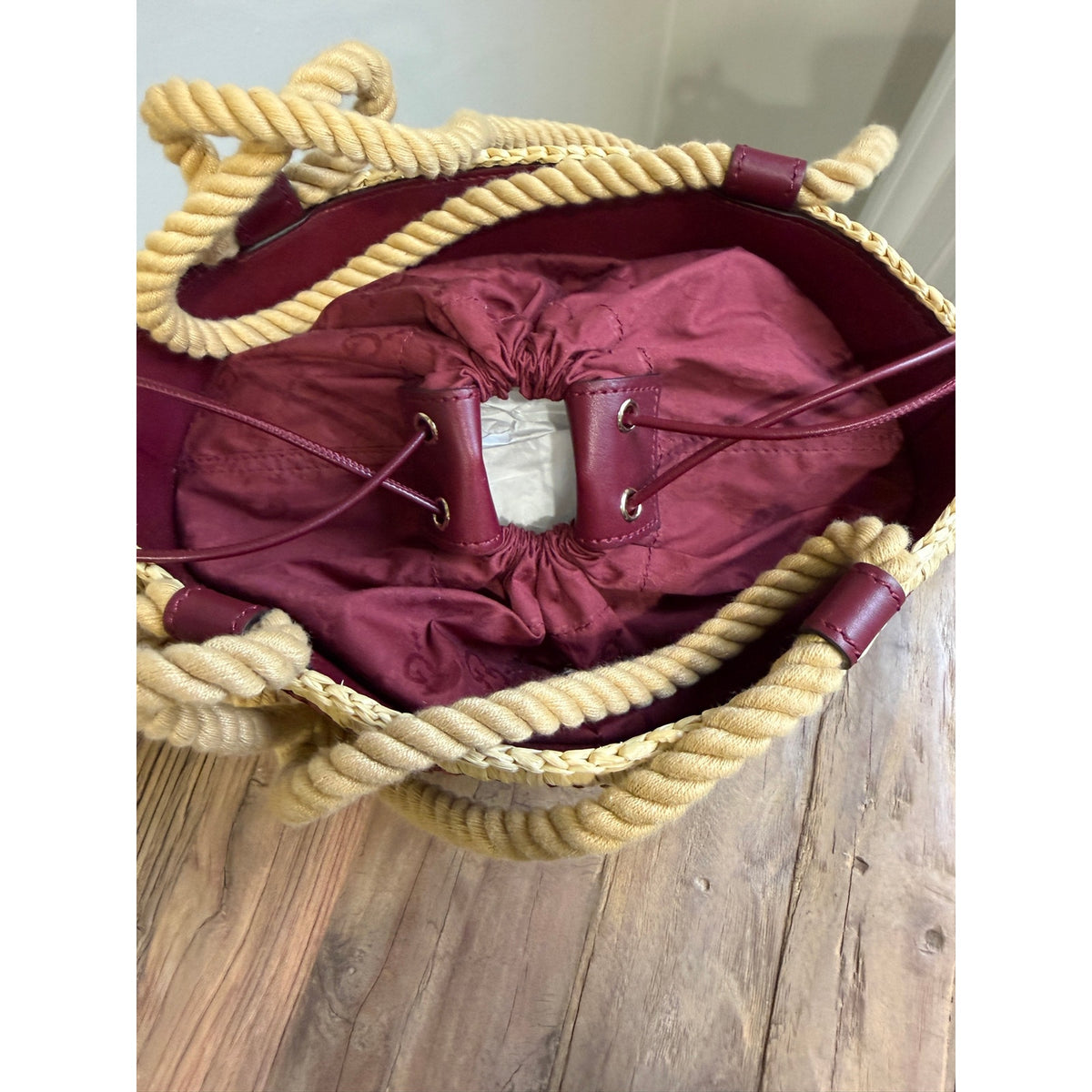 Gucci Mini GG Logo Woven Straw Bucket Bag Beige Brown Leather NWT