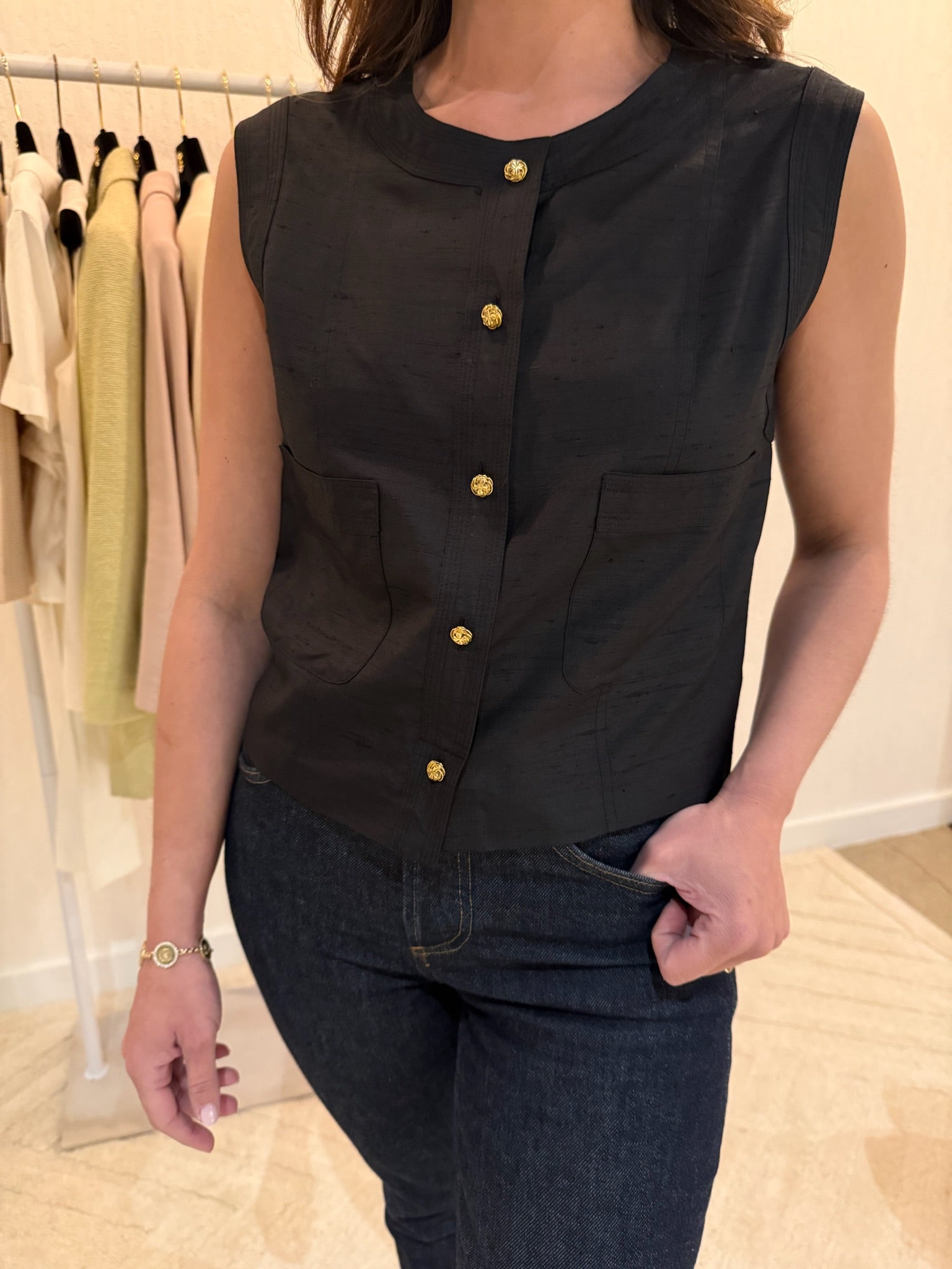 Chanel Black Gold Button Vest FR40