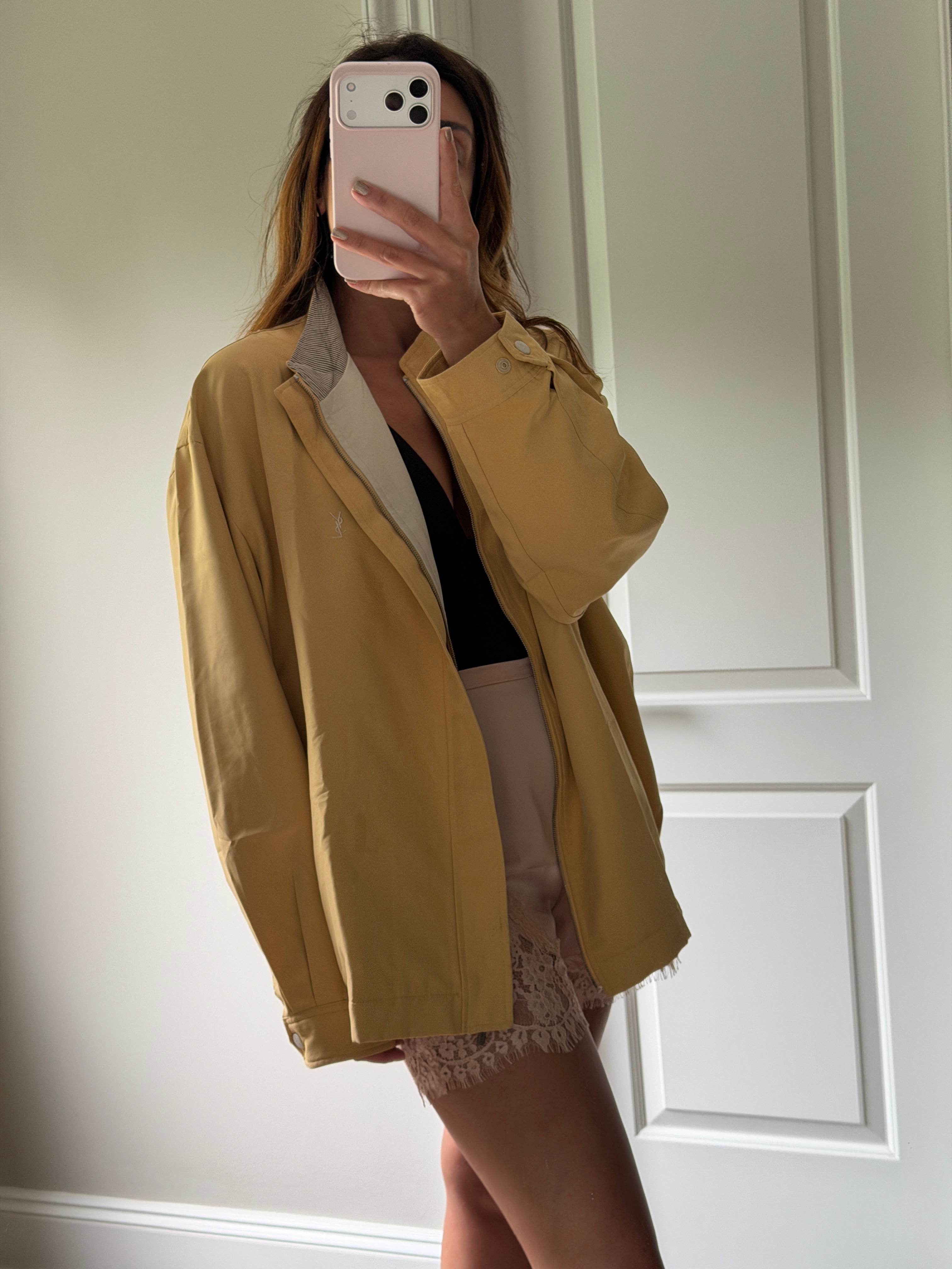 Yves Saint Laurent Vintage 90s Yellow YSL Logo Windbreaker Jacket White Logo Size 110 Oversized