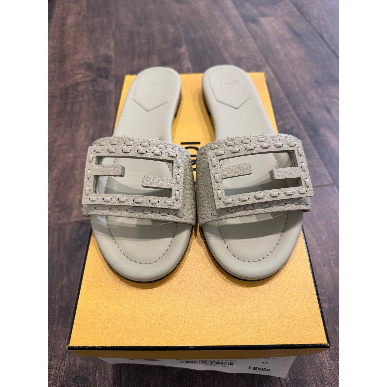Fendi Women's FF Baguette Leather Selleria Slides BNIB Color is Sage Size 37