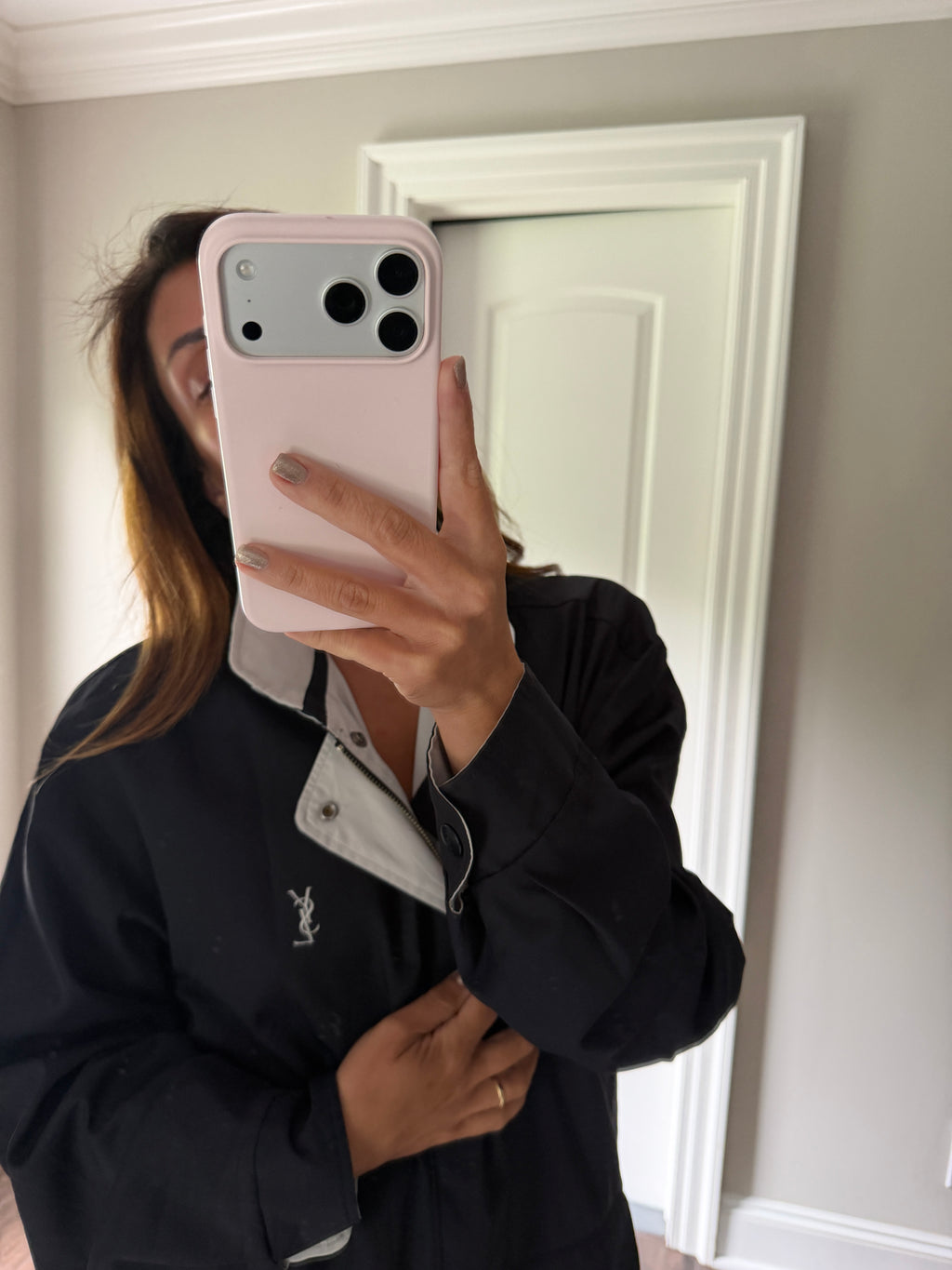 Yves Saint Laurent Vintage 90s Reversible YSL Logo Windbreaker Jacket Navy & Light Gray Hidden Hood Size 100 Oversized