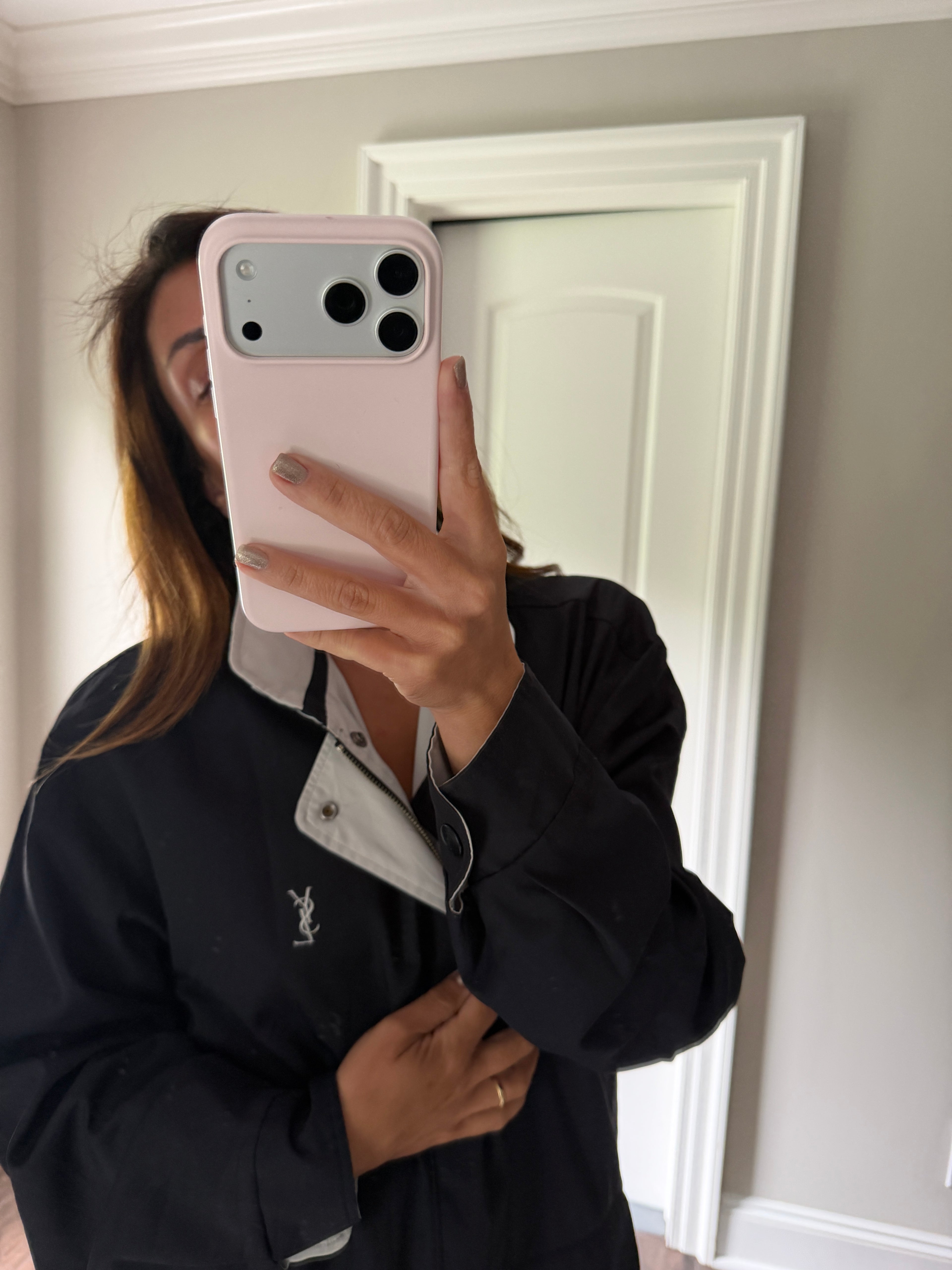 Yves Saint Laurent Vintage 90s Reversible YSL Logo Windbreaker Jacket Navy & Light Gray Hidden Hood Size 100 Oversized