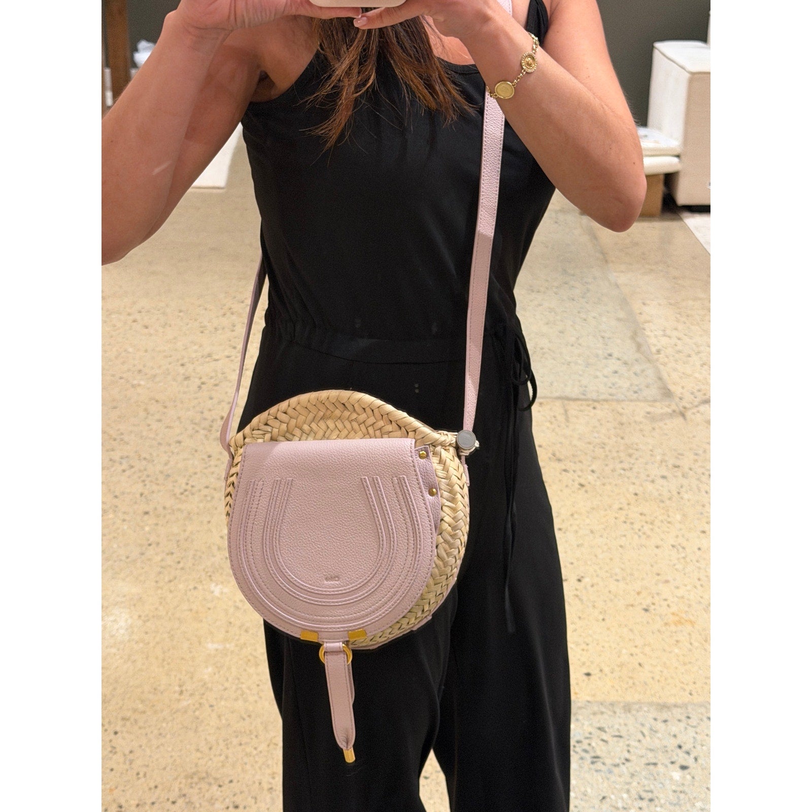 Chloé Marcie Pebbled Leather & Straw Crossbody Bag Pastel Pink Gold Hardware NWT