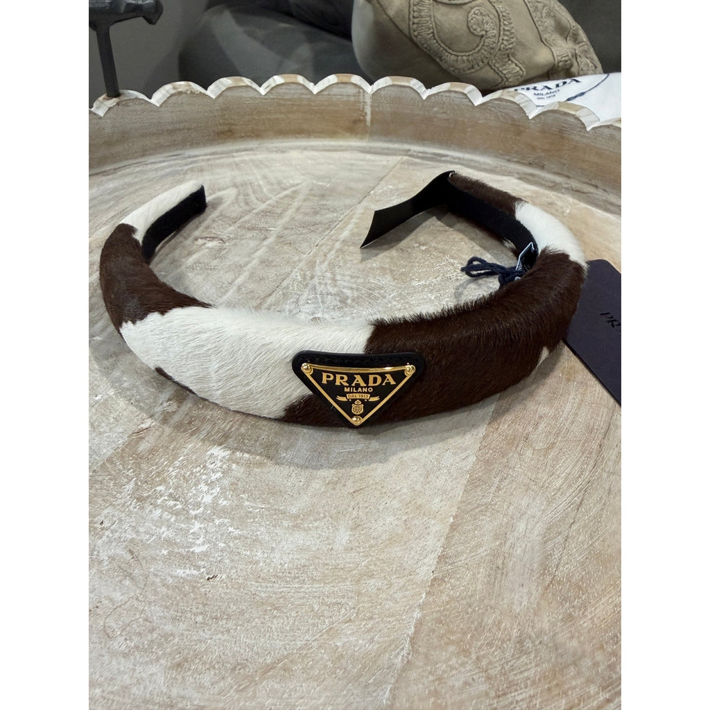 Prada Cow Print Pony Hair Headband Enamel Triangle Logo NEW