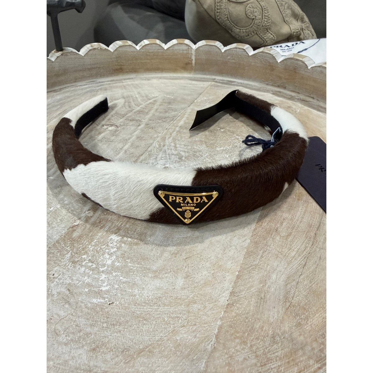 Prada Cow Print Pony Hair Headband Enamel Triangle Logo NEW