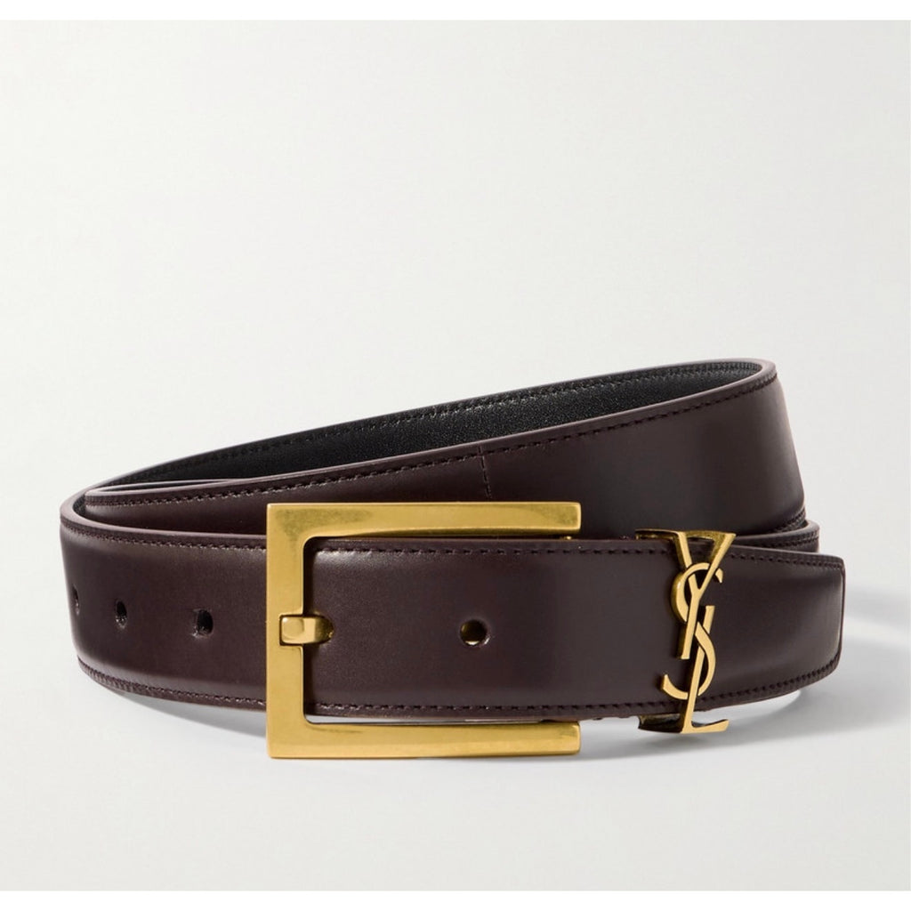 Saint Laurent Cassandre YSL Leather Belt Brown Gold Tone Logo Size 80 Brand NWT