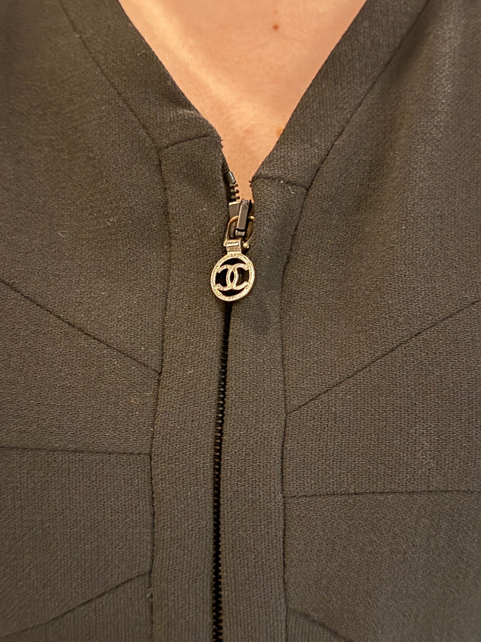 Chanel Black Wool Silk Blend Midi Dress FR 40 | CC Logo Zipper Pull
