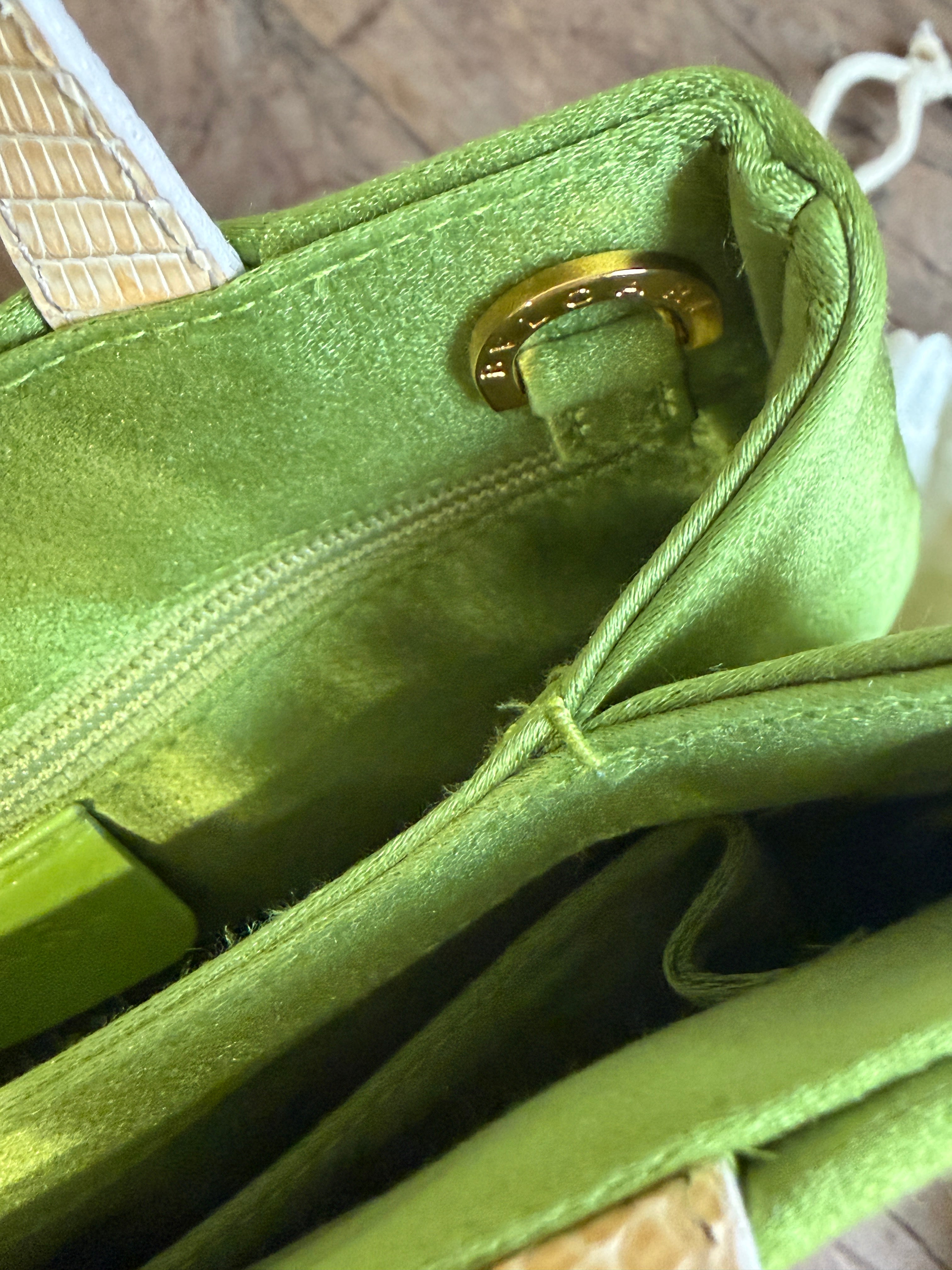 Bvlgari Vintage Pammee Bag Chartreuse Acid Green Satin Vanilla Lizard Leather Rare Y2K
