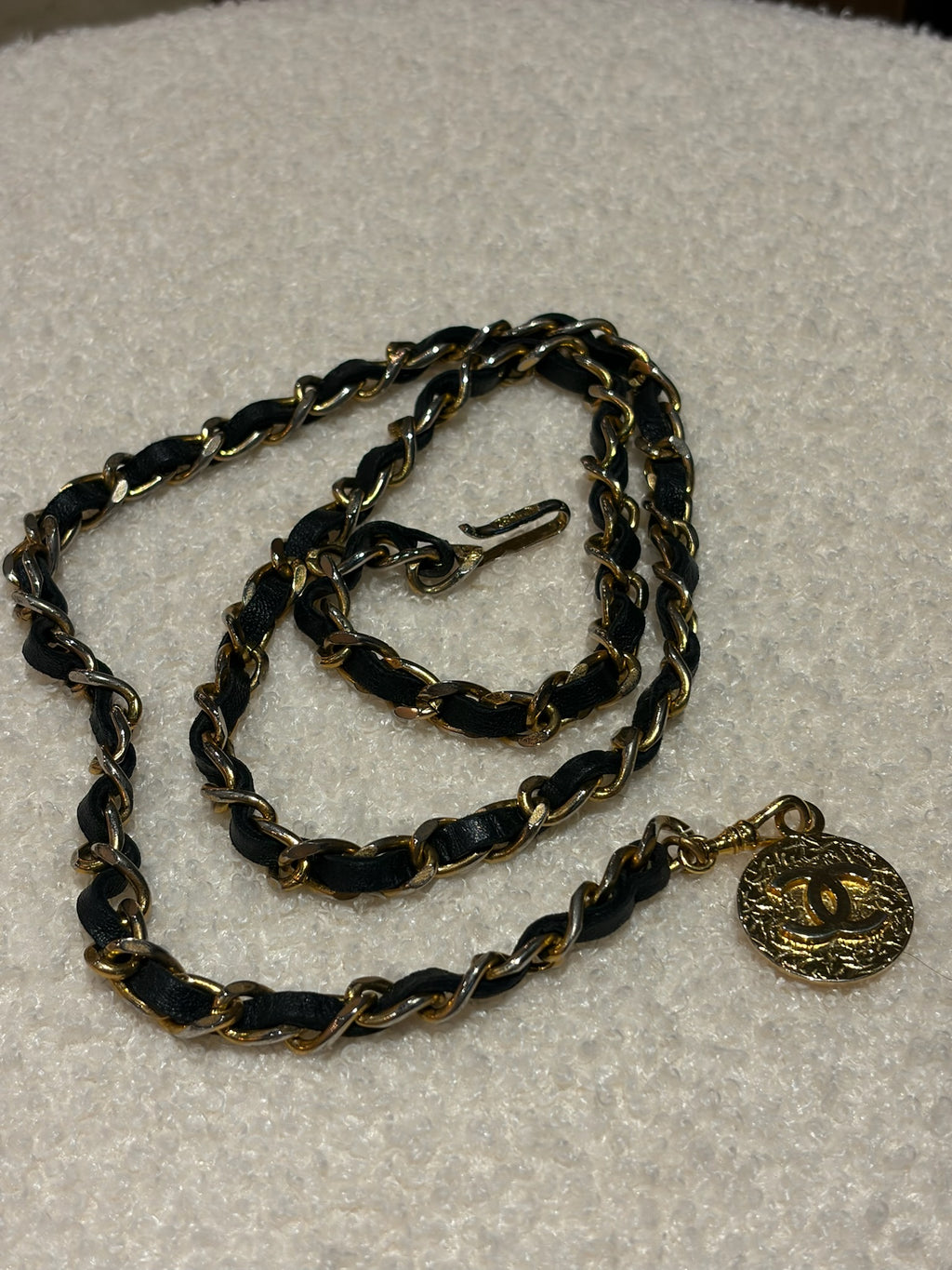 Chanel Leather Woven Chain Strap Necklace Belt Gold Tone Black Leather Medallion Charm