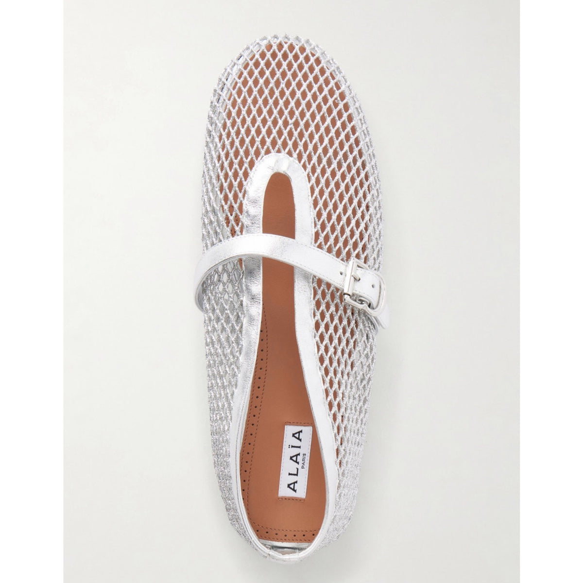 Alaia Metallic Fishnet Mary Jane Flats Silver Argent Size 37 Brand New in Box