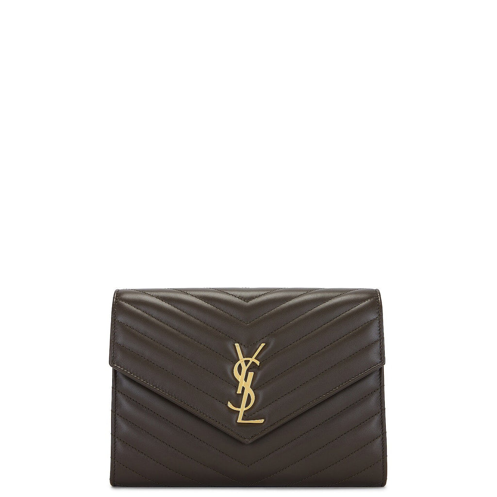 Saint Laurent Cassandre Chevron Flap Pouch Clutch Dark Musk NWT