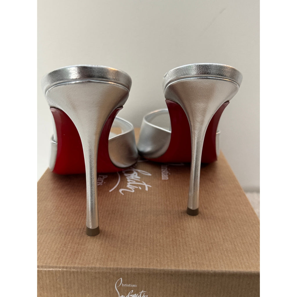CHRISTIAN LOUBOUTIN 
100mm Me Dolly Metallic Slide Sandals - Silver BNIB