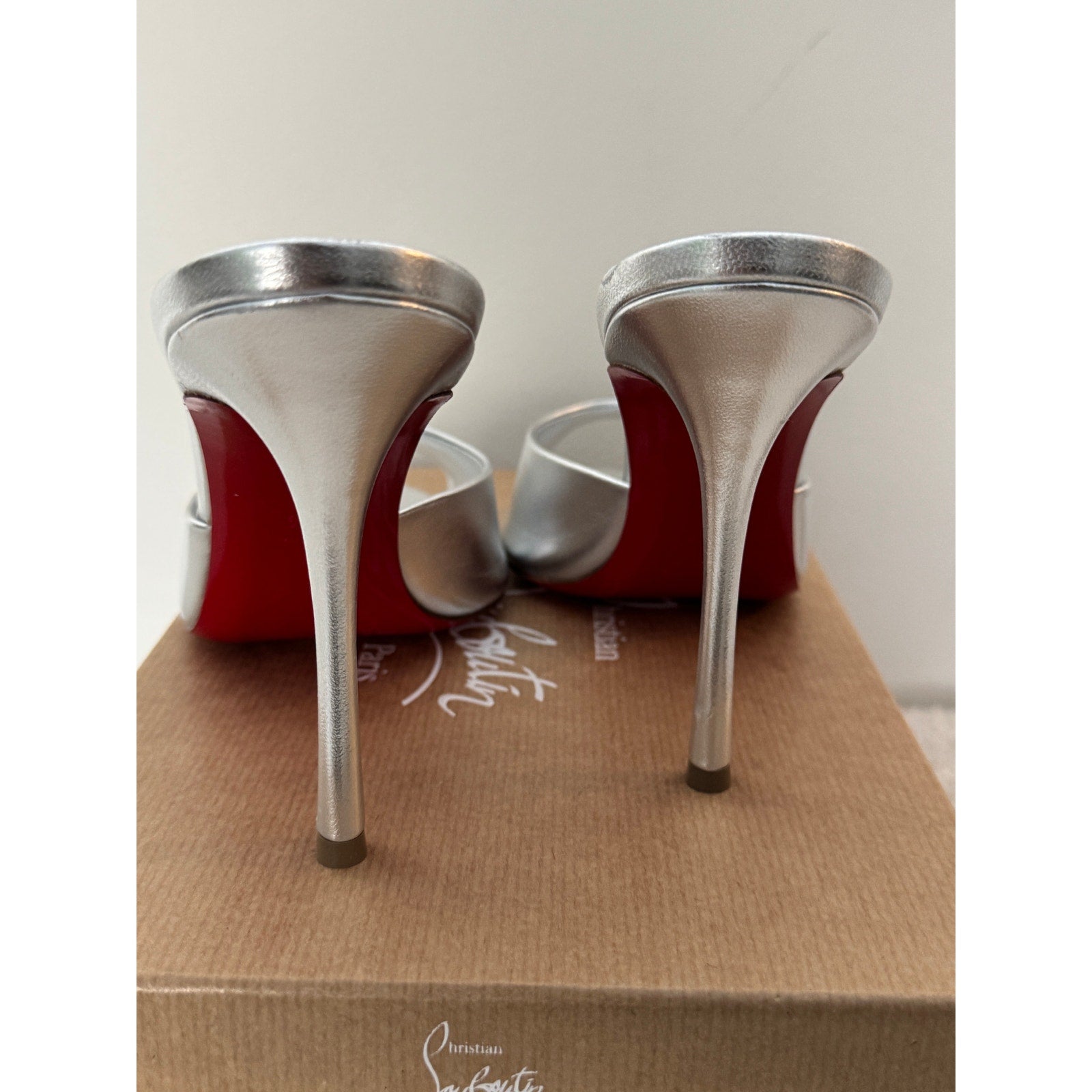 CHRISTIAN LOUBOUTIN 
100mm Me Dolly Metallic Slide Sandals - Silver BNIB