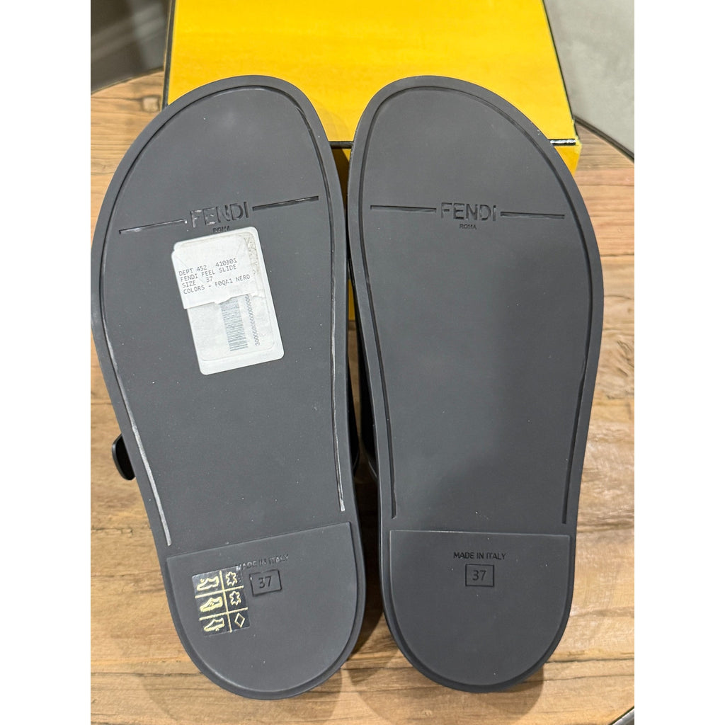Fendi Feel Double Strap Buckle Black Leather Slides BNIB 37