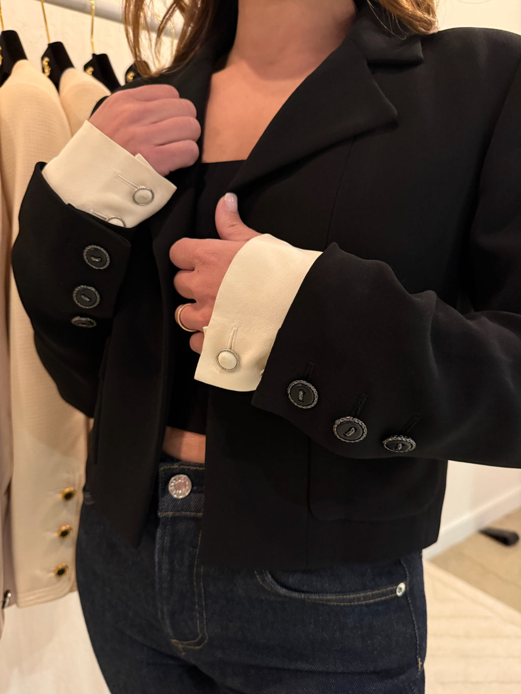 Chanel 2015 Silk Black Runway Blazer with Removable White Sleeves | FR40