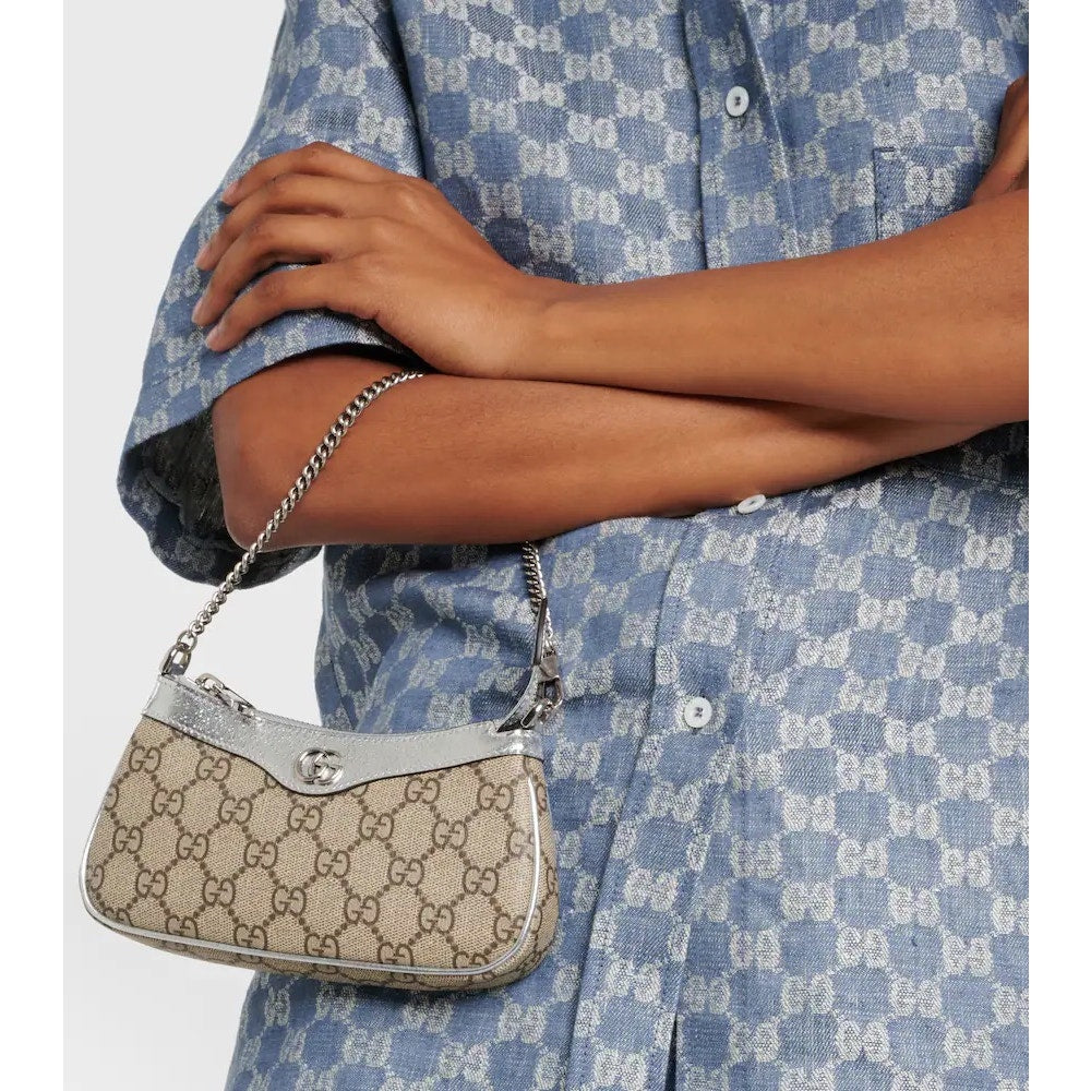 Gucci Ophidia Mini GG Canvas Shoulder Bag Beige Silver Leather Chain Strap BNIB