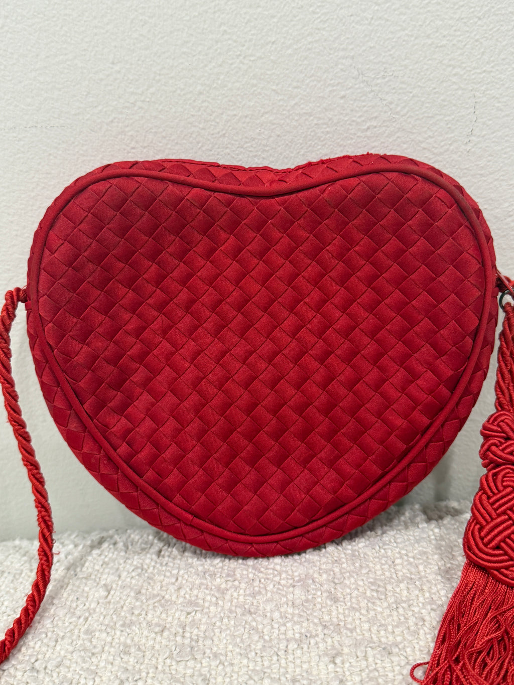 Bottega Veneta Rare Red Satin Heart Intrecciato Crossbody Bag