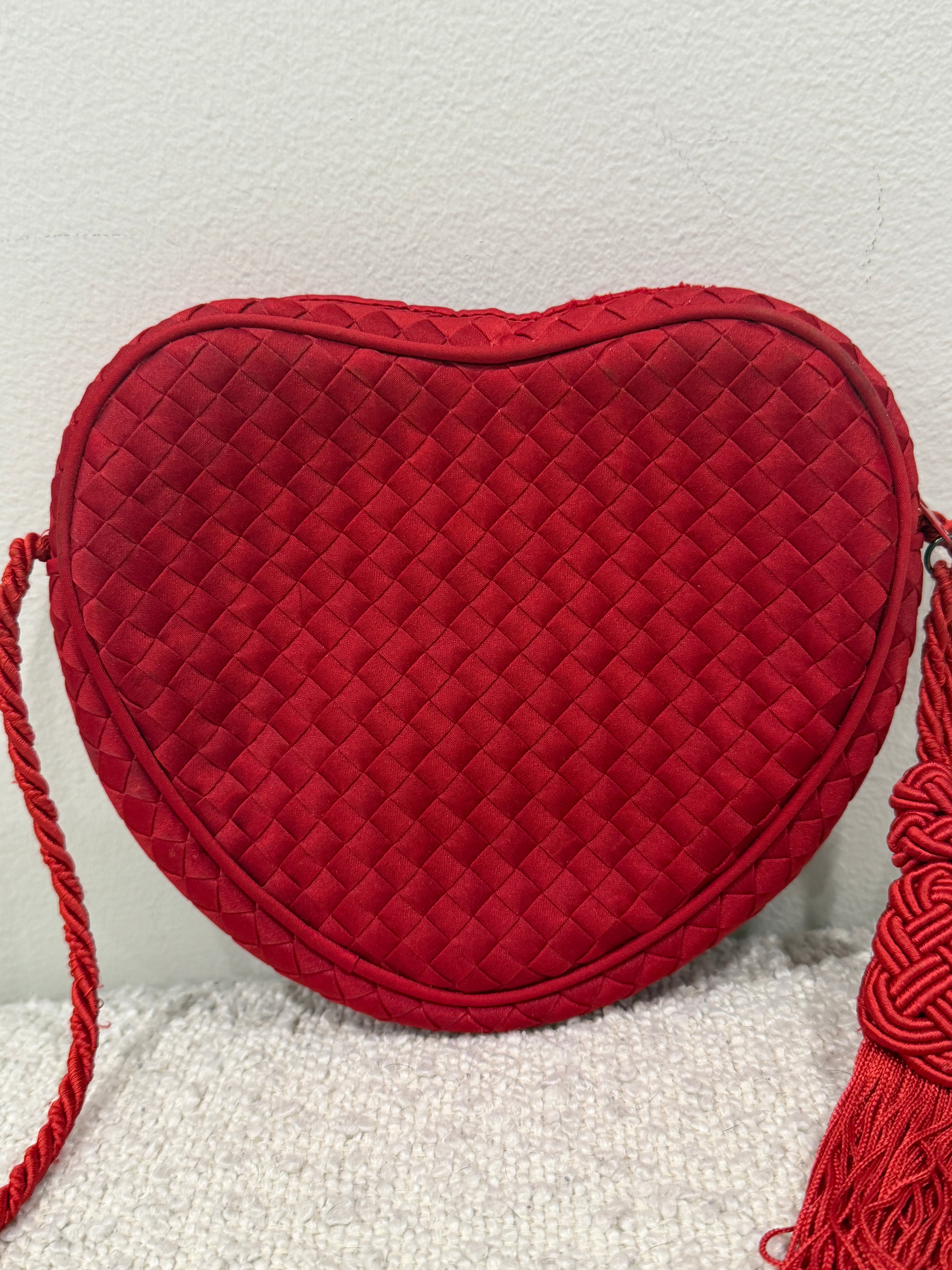 Bottega Veneta Rare Red Satin Heart Intrecciato Crossbody Bag