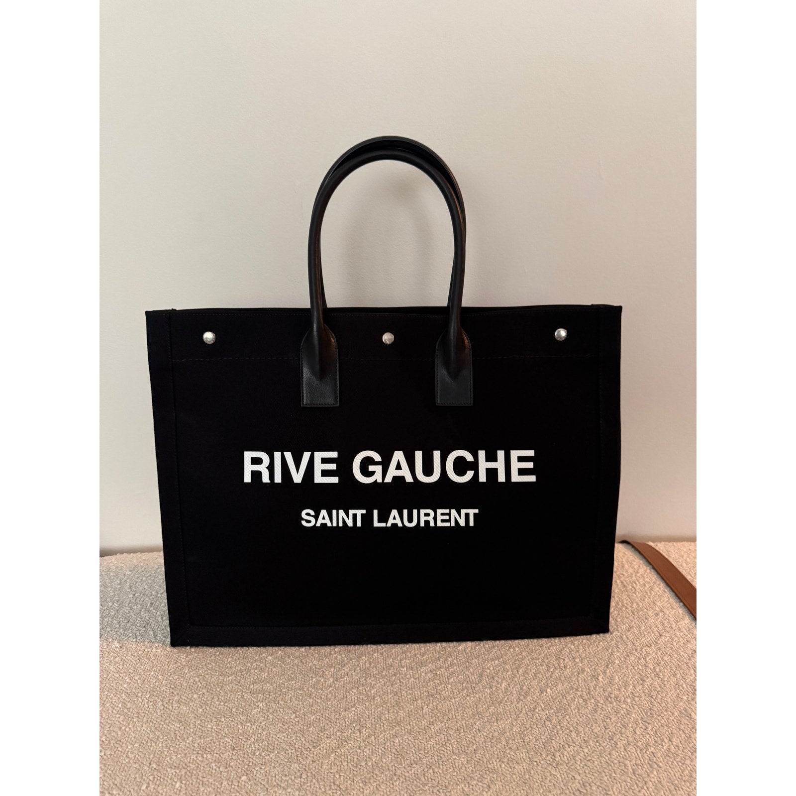 Saint Laurent Rive Gauche Large Black Canvas Tote Bag | 100% Leather Trim | NWT