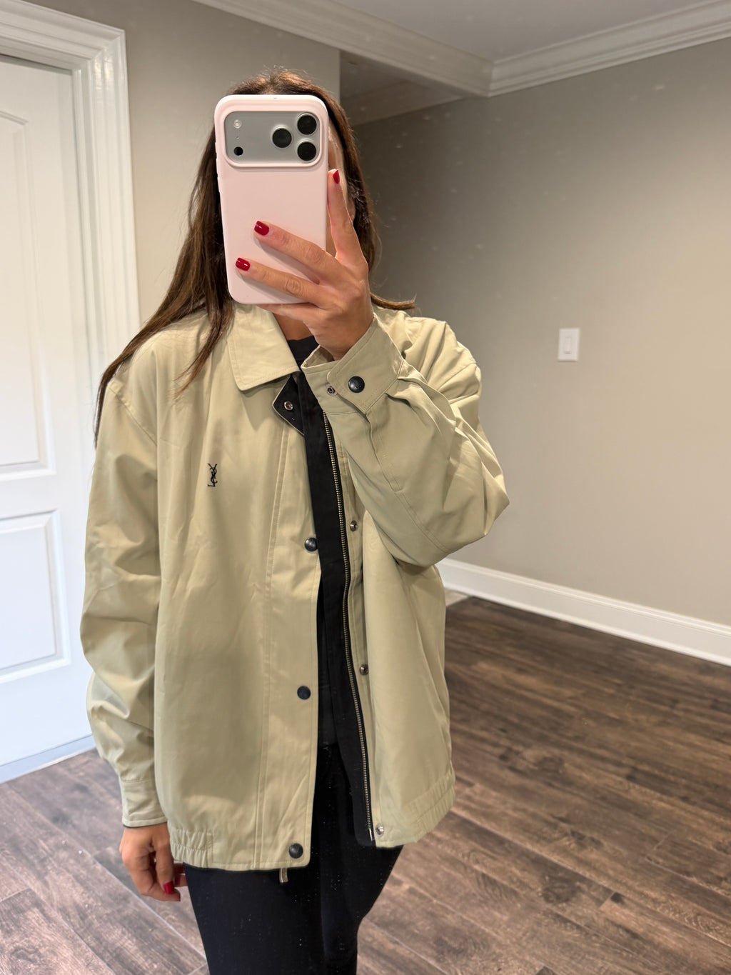 Yves Saint Laurent Vintage YSL Khaki Logo Windbreaker Bomber Jacket Men’s Oversized