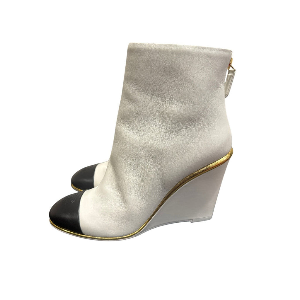 CHANEL Lambskin Cap Toe Wedge Boots White Black Size 38.5